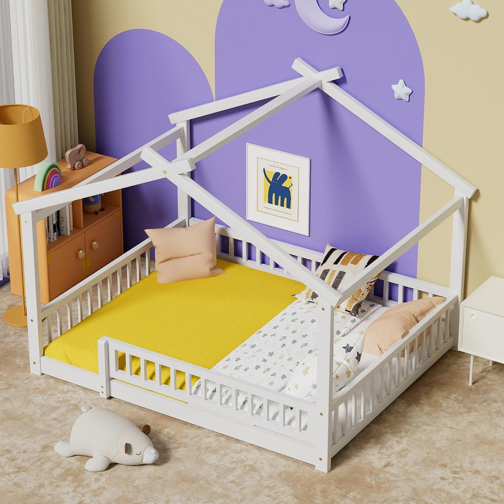 LLS Full Size House Bed with Fence, Wooden Montessori Bed with Slats Support, Floor Bed Frame for Boys Girls Bedroom, White