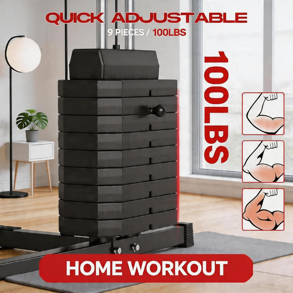 Home Gym Machine with 100LB Weight Stack, Multifunctional Full Body Workout Station for LAT Pulldown, Chest Press, Leg Extension & Strength Training, Compact Fitness Equipment for Home Use