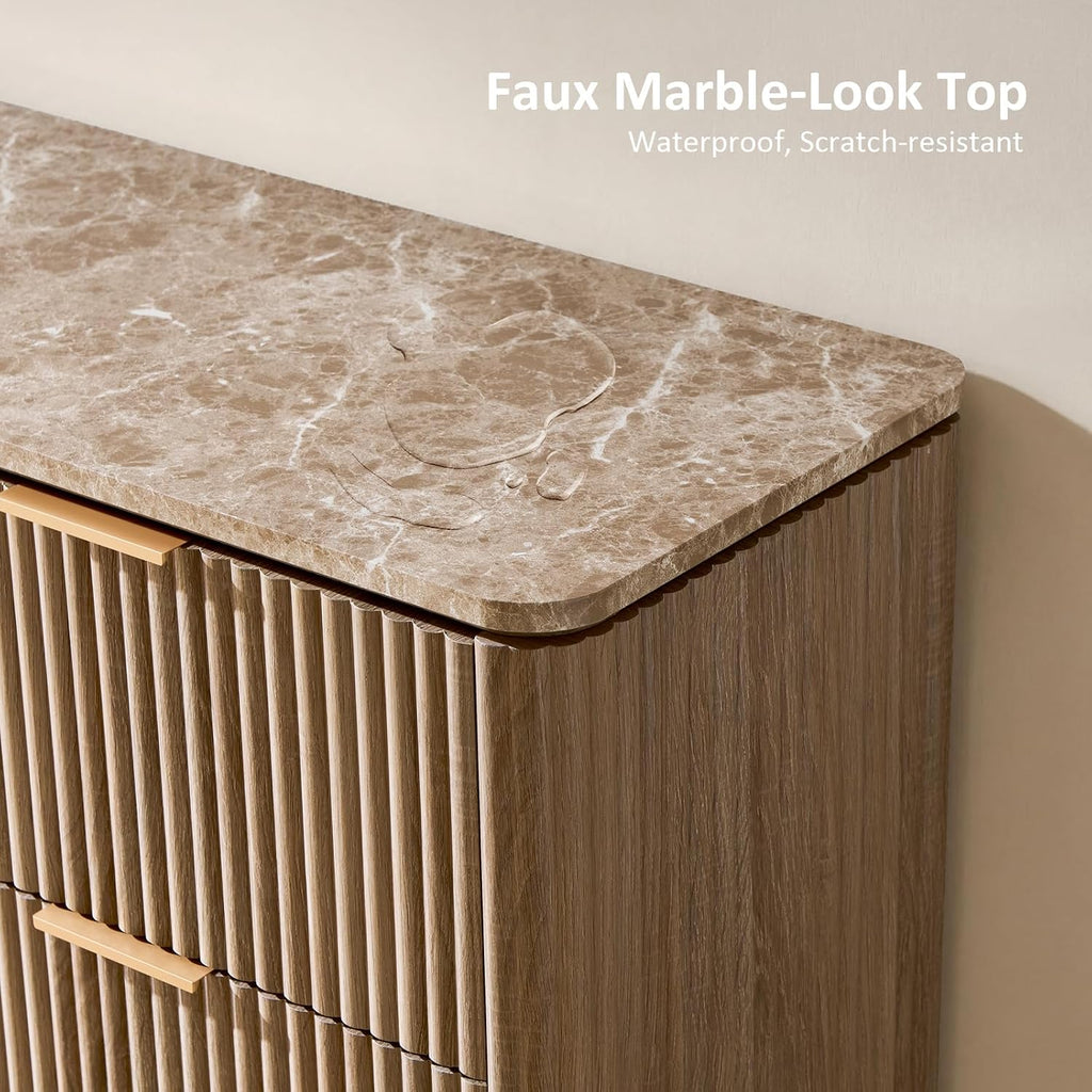Dresser for Bedroom with 6 Drawers, 54'W Chest of Drawers, Fluted Dresser with Faux Marble Top, Curved Profile Design, Metal Handle, Wood Closet Storage Organizer for Living Room, Hallway, Natural Oak
