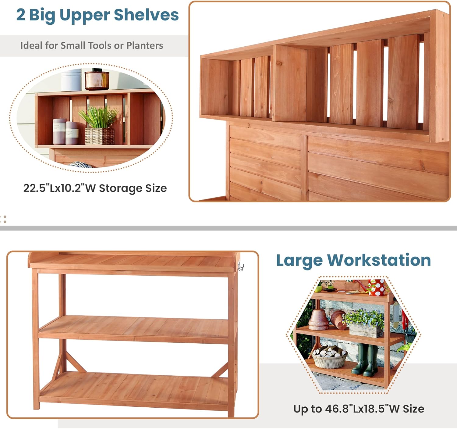 65' Outdoor Garden Potting Bench Table with 4 Storage Shelves and Side Hook, Work Bench Wood Tabletop W/Cabinet Open Shelf (Natural)