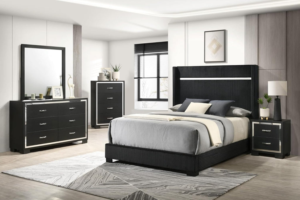 Generic Black Finish Upholstered King Size Channel Tufting Panel Bed Nightstand 3pc Wooden Bedroom Set, HS00B9295K3pc
