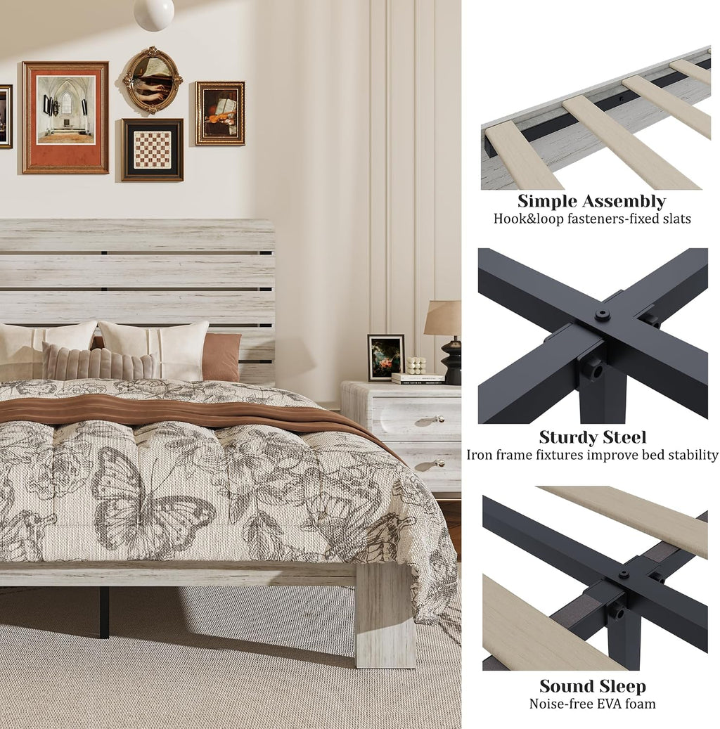 Queen Size Wooden Bed Frame with Headboard, Boho Platform Bedframe with Wood Slat Support, Sturdy and No Noise, Easy Assembly (Boho White, Queen)