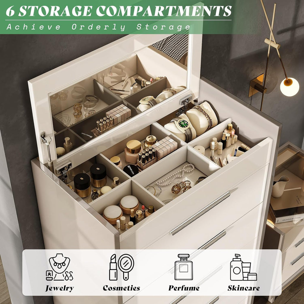 AMERLIFE 5-Drawer Chest with Glass Tabletop, Storage Dresser Organizer with Inside Mirror & Lift Top Dresser for Bedroom, Cream&Grey