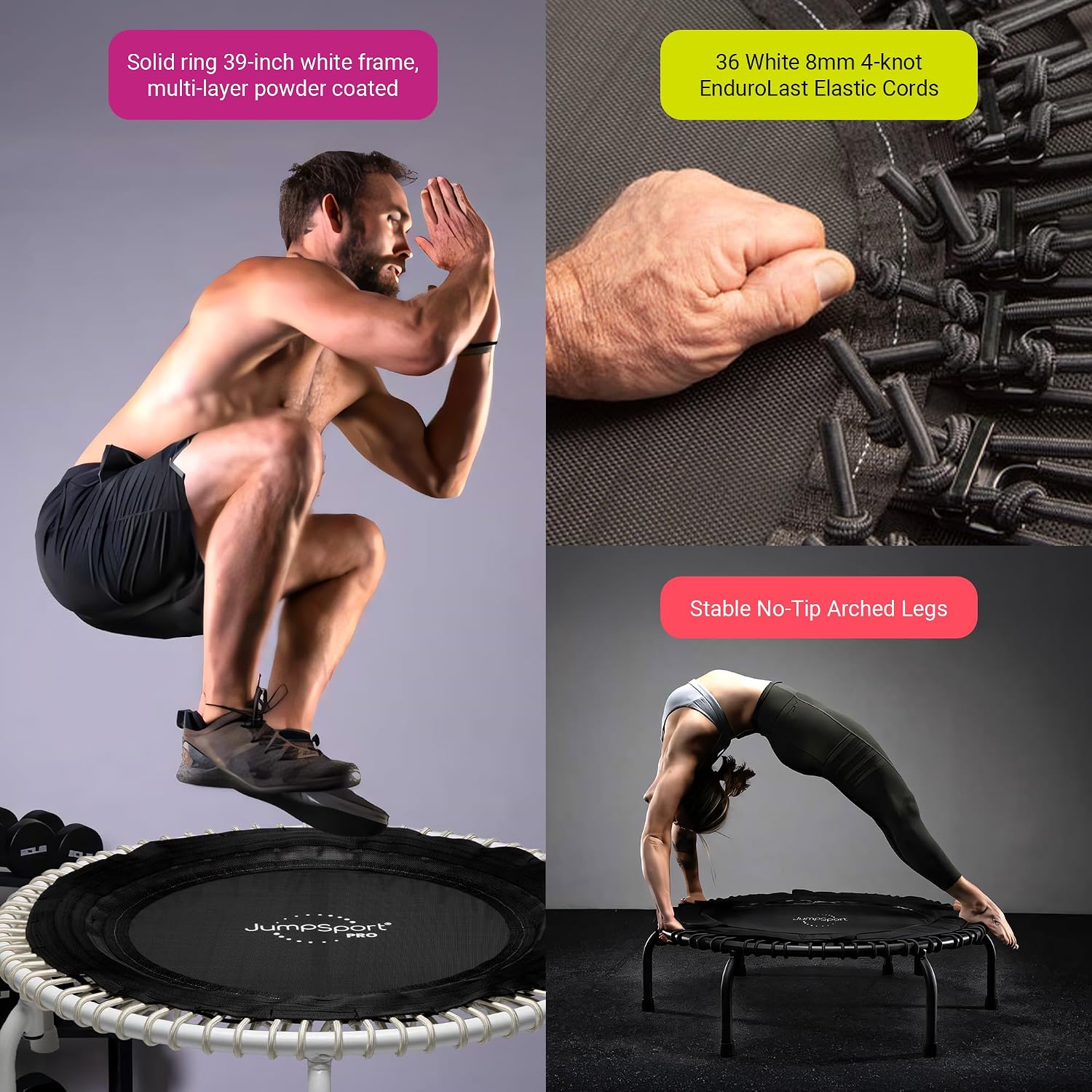 JumpSport 350 PRO 39 Inch Fitness Trampoline Indoor Rebounder Cardio Workout Equipment 300 lb Capacity