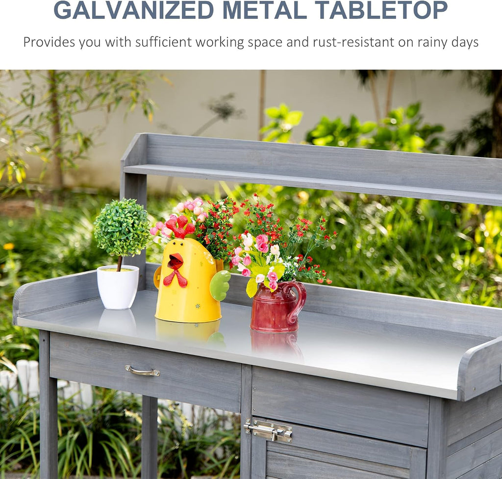 Outdoor Potting Bench Table, Work Station with Storage Cabinet, Open Shelf and Steel Tabletop, Gray