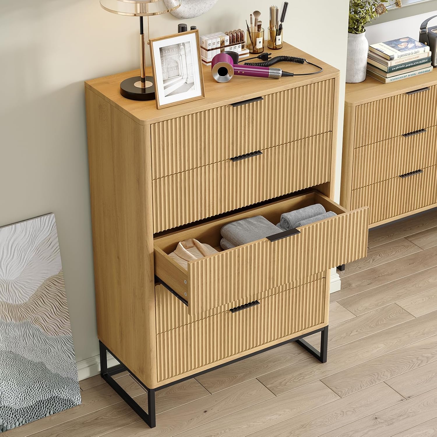 Furniouse Fluted 5 Drawers Dresser,Storage Drawers,Modern Closet Dressers Chest of Drawers, Wood Storage Dresser Organizer for Bedroom