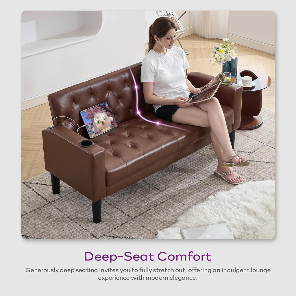 TYBOATLE 62' W Leather Loveseat w/Chairs, 3 Piece Sofa Sets for Living Room w/ 2 USB Charger Ports and 2 Cupholders, Living Room Furniture Sets of 3 (3, Brown)