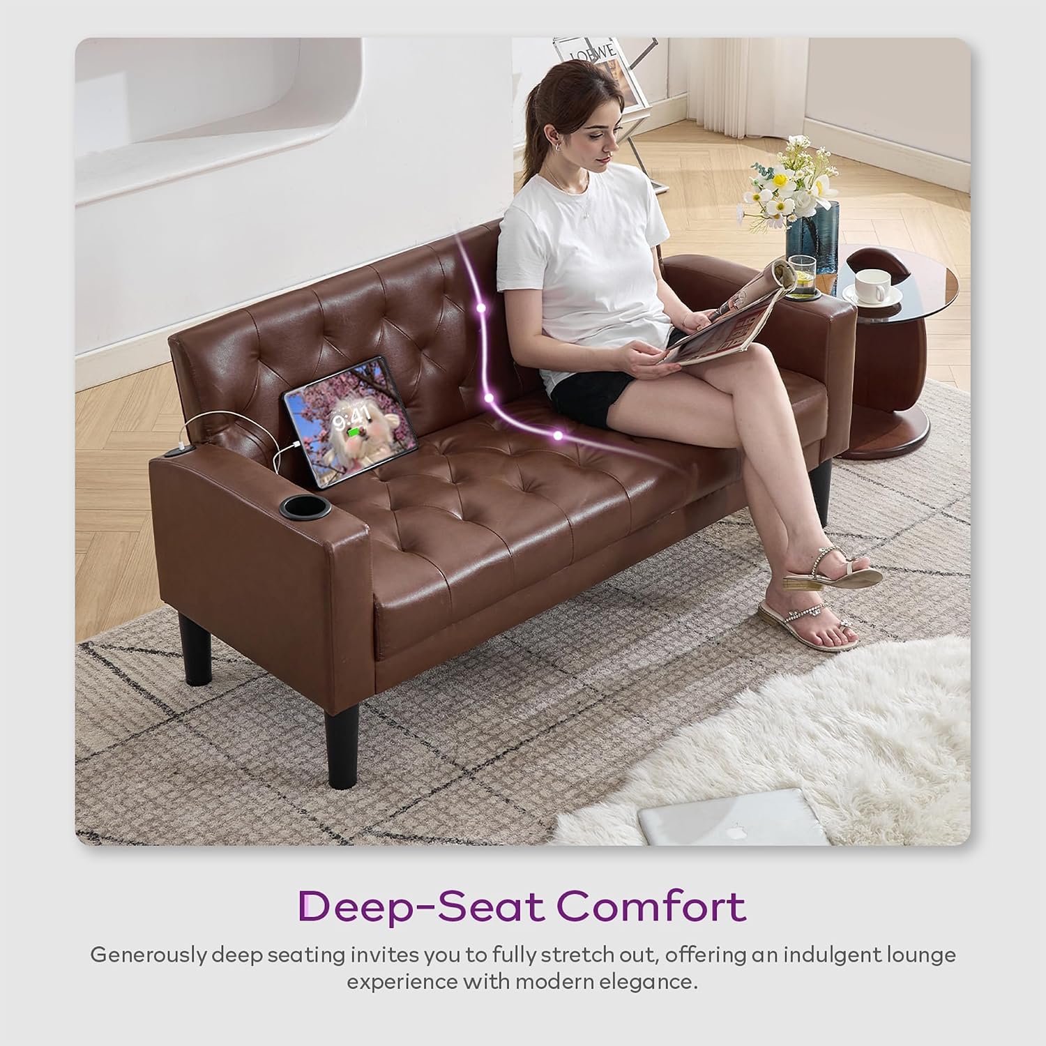 TYBOATLE 62' W Leather Loveseat w/Chairs, 3 Piece Sofa Sets for Living Room w/ 2 USB Charger Ports and 2 Cupholders, Living Room Furniture Sets of 3 (3, Brown)