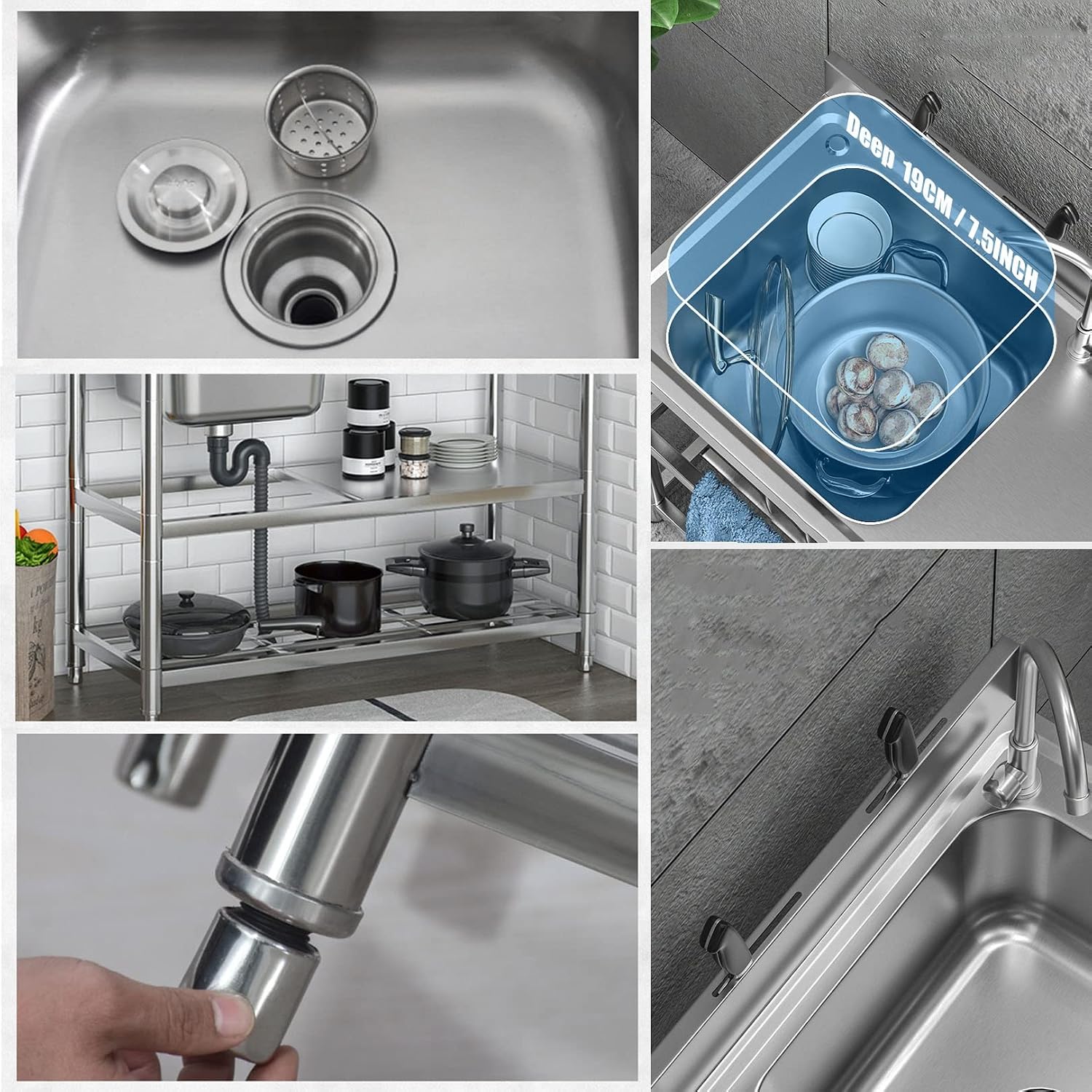 Stainless Steel Utility Sink with Workbench, Commercial Restaurant Sink Kitchen Sinks Set Prep & w/Faucet & Drainboard, Laundry Room Single Bowl Outdoor Kitchen Sinks(Hot Cold Faucet Right,39.4in)