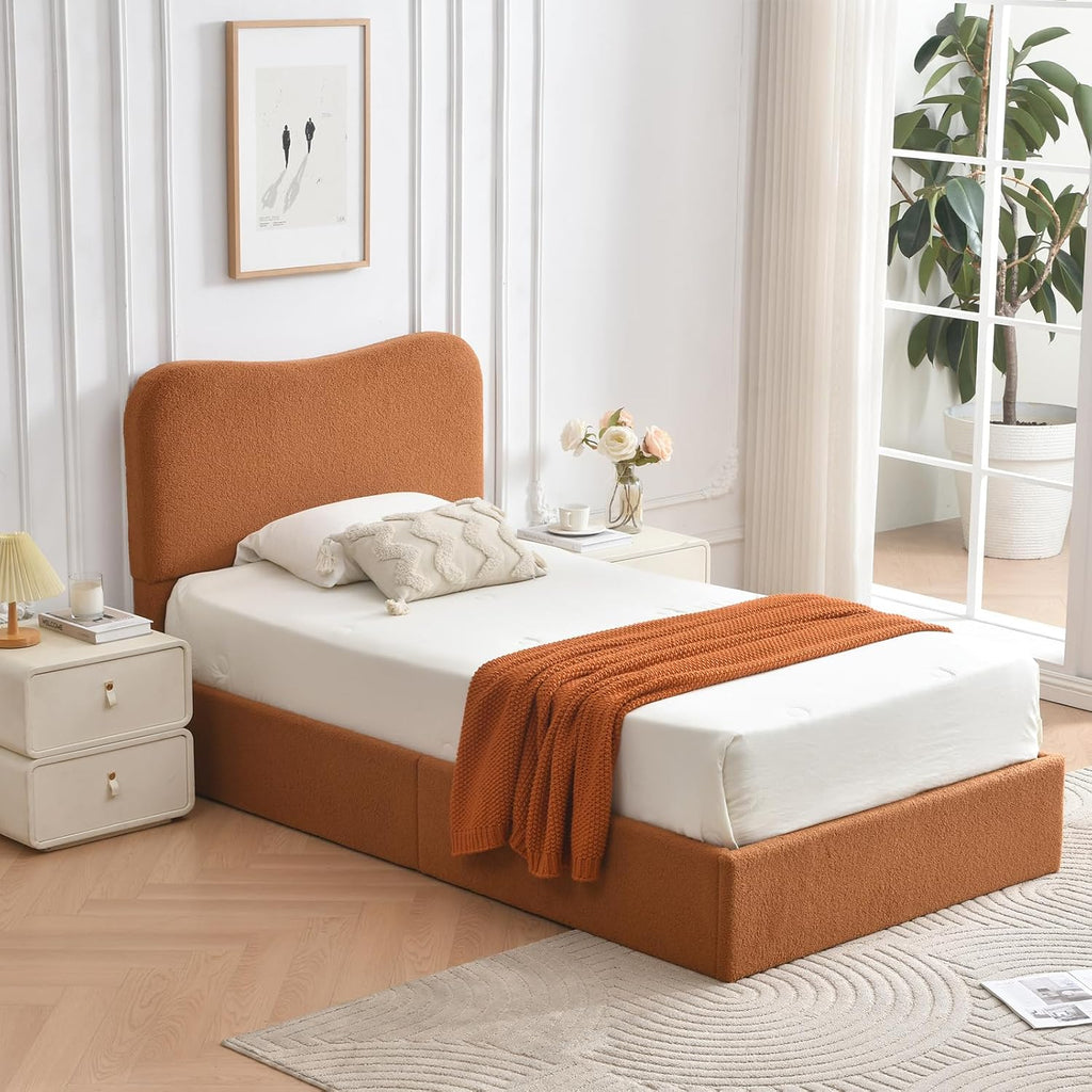 VELOCAVA Twin Size Lift-Up Storage Bed, Modern Upholstered Boucle Bed with Curved Headboard, Gas Lift Platform, Sturdy Wooden Slat Support, No Box Spring Needed, Easy Assembly, Rust Brown