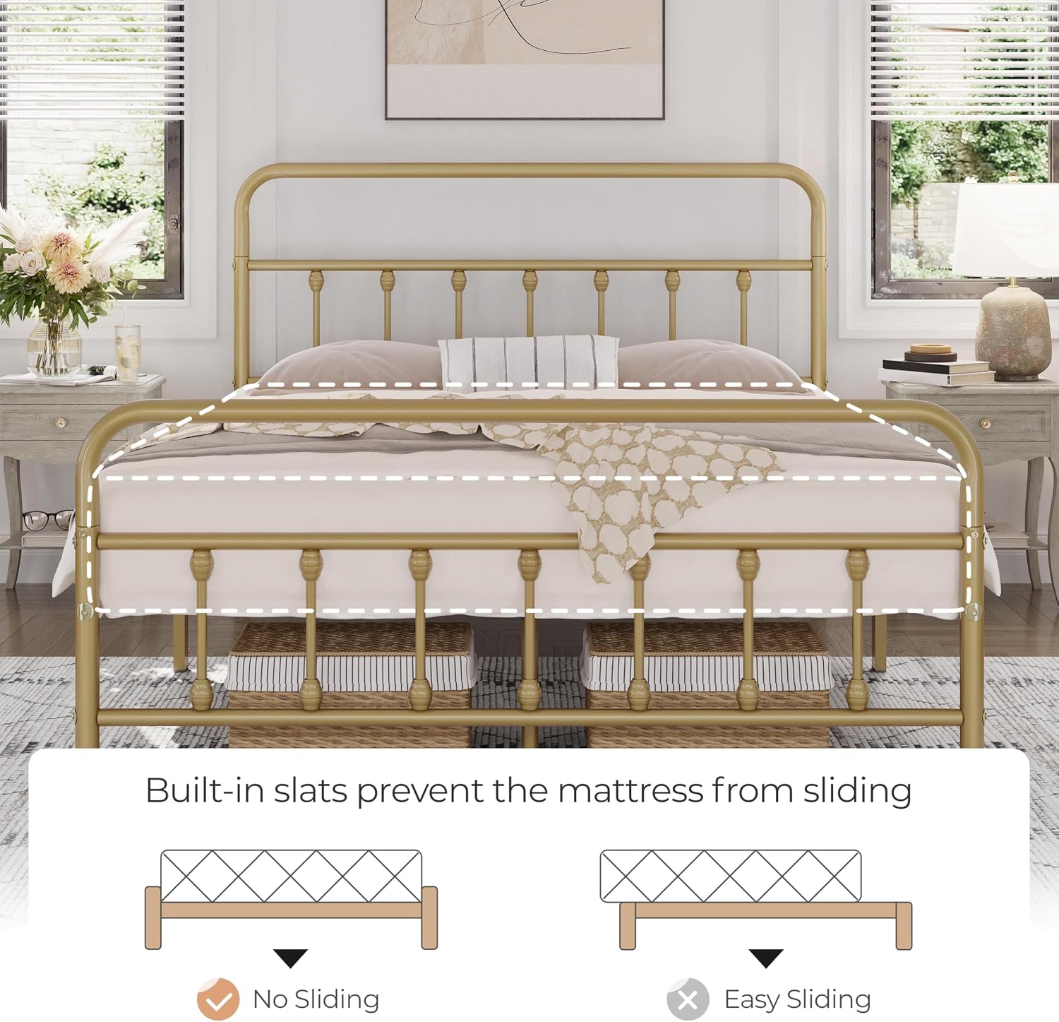 Topeakmart Queen Size Victorian Style Metal Bed Frame with Headboard/Mattress Foundation/No Box Spring Needed/Under Bed Storage/Strong Slat Support Antique Gold