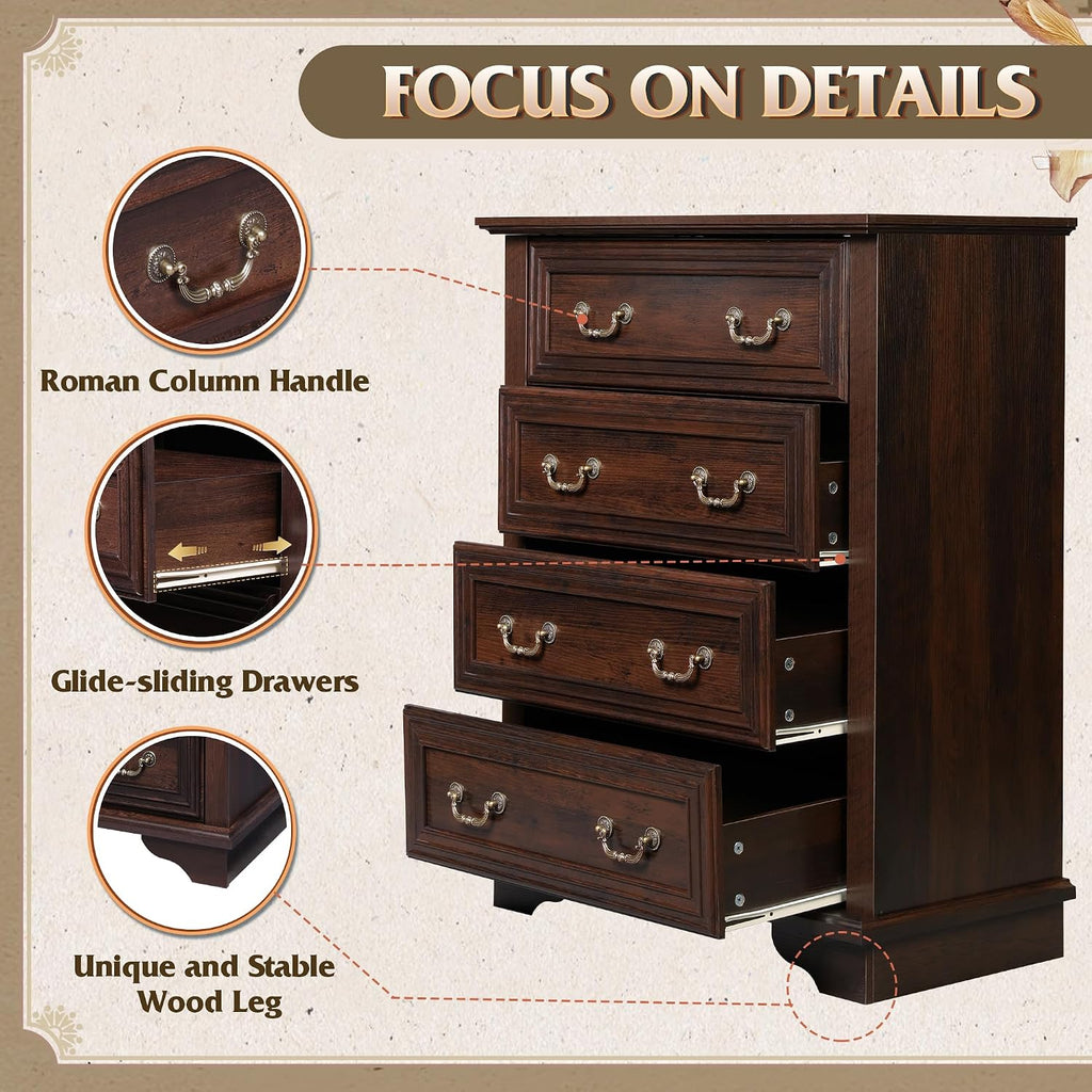WLIVE Farmhouse 4 Drawer Dresser for Bedroom, 39' Tall Vintage Wood Chest of Drawers, Rustic Small Dressers with Square Wooden Legs, Mid-Century Storage Organizer for Living Room, Walnut