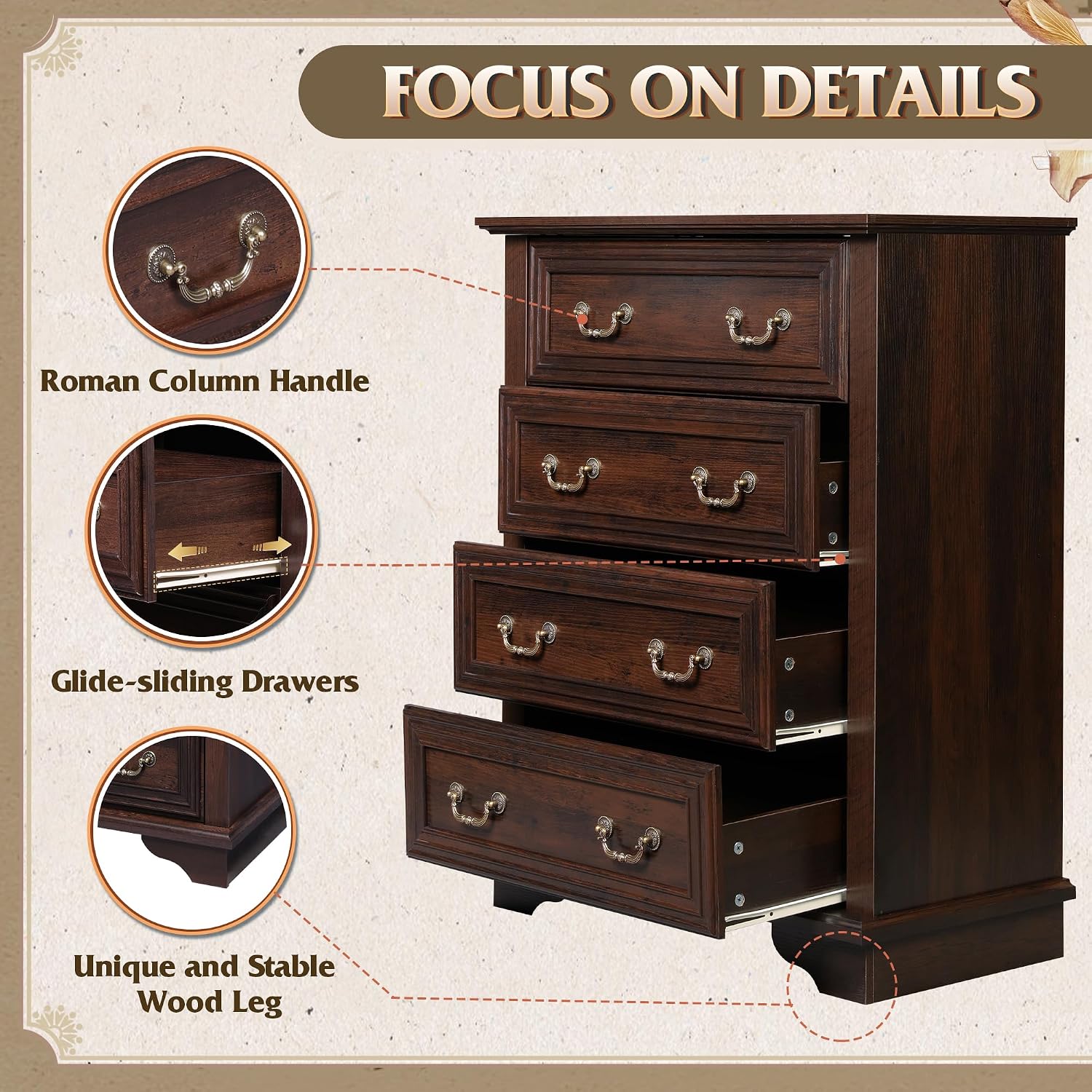 WLIVE Farmhouse 4 Drawer Dresser for Bedroom, 39' Tall Vintage Wood Chest of Drawers, Rustic Small Dressers with Square Wooden Legs, Mid-Century Storage Organizer for Living Room, Walnut