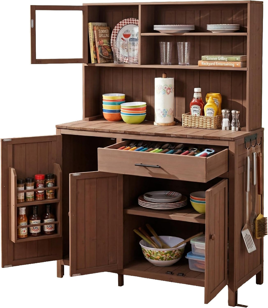 Outdoor Potting Bench with Large Countertop and Hutch, Wood Garden Workstation with Adjustable Shelves, Spice Rack, Side Hook and Drawer (Brown)