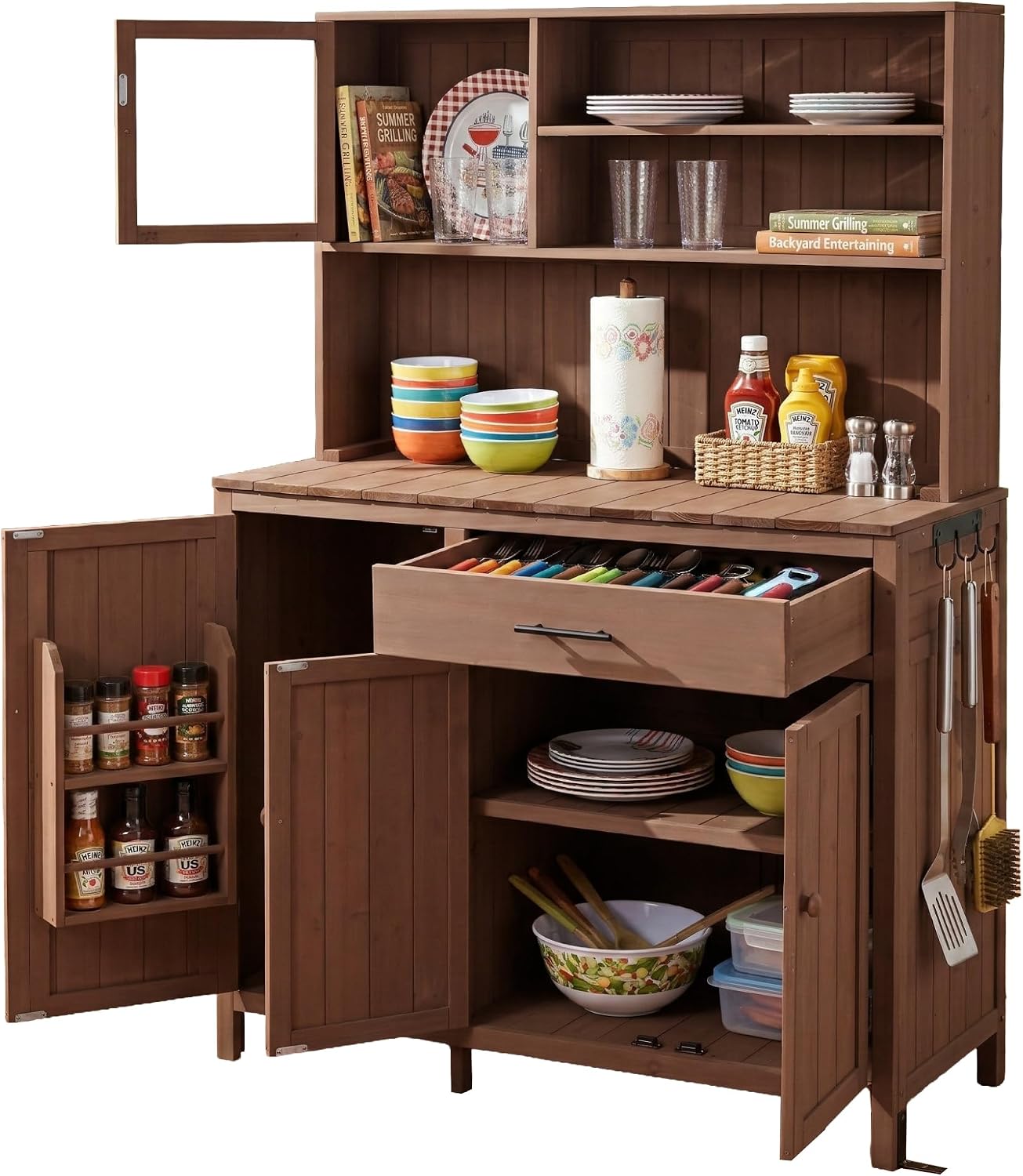 Outdoor Potting Bench with Large Countertop and Hutch, Wood Garden Workstation with Adjustable Shelves, Spice Rack, Side Hook and Drawer (Brown)
