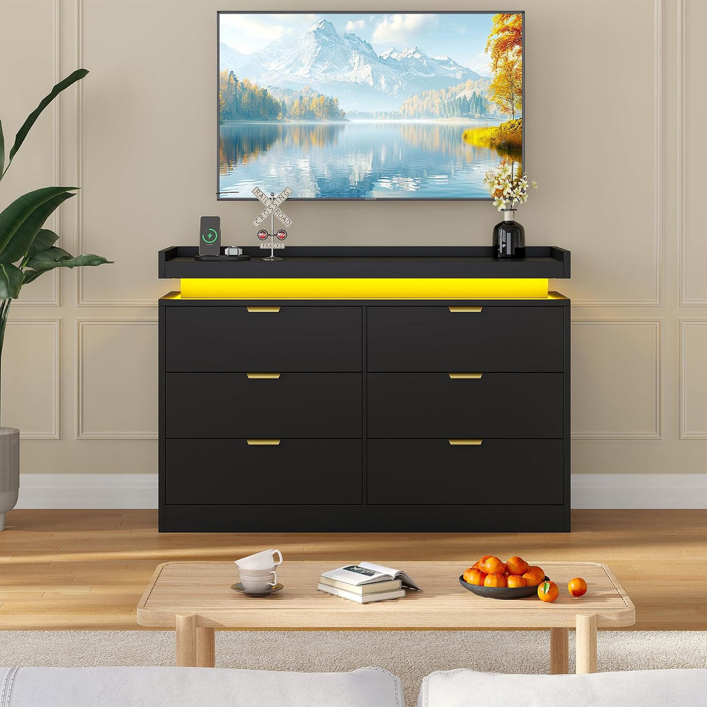 knoworld 6 Drawer Dresser for Bedroom, Black Dresser with LED Lights and Power Outlet, Large Wooden Dressers Modern Chest of Drawers, Double Wide 6 Drawer Dressers for Bedroom, Entryway, Hallway