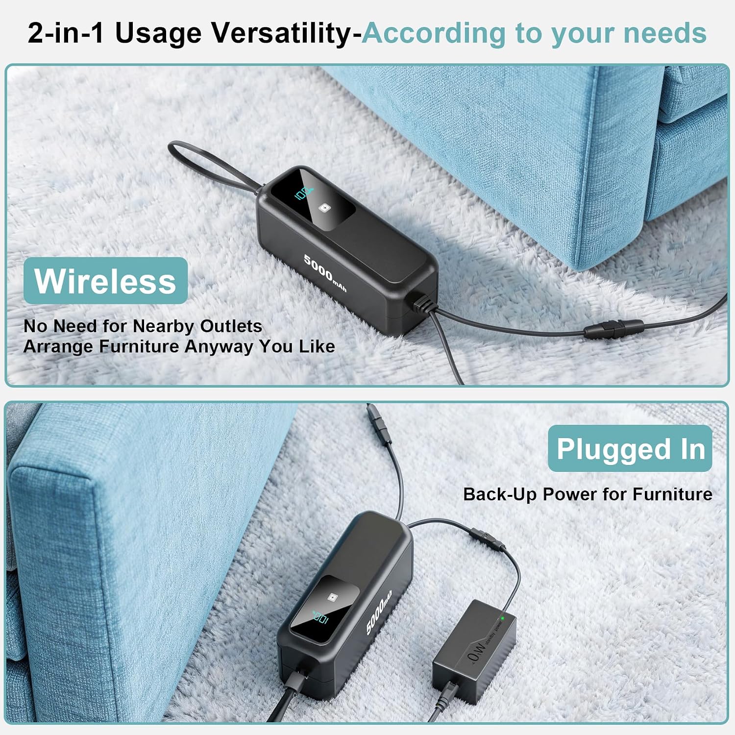 【5000mAh High Capacity】Universal Rechargeable Battery Pack for Reclining Furniture with LCD Display, Wireless Battery Pack with Charger, Compatible with 2-Pin Power Recliner, Sofa, Couch, Lift Chair