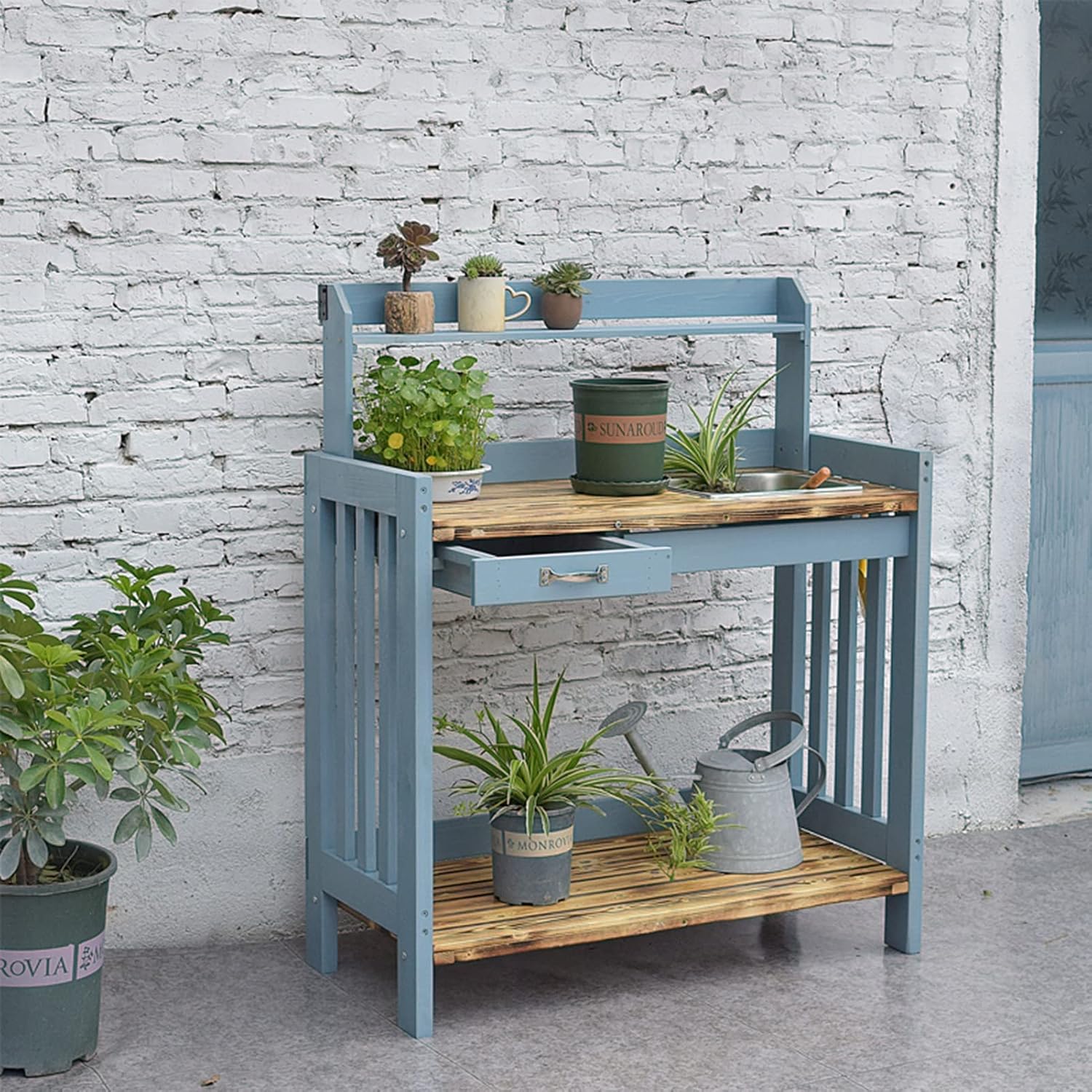 Outdoor Sink Station Open Shelves with Hooks, Removable Sink & Drawer Gardening Bench Potting Table (Blue 100x45x119cm)