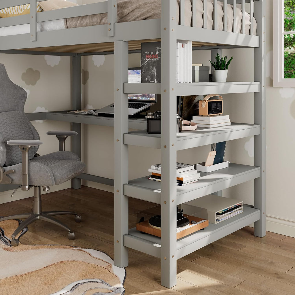 Merax Wood Loft Bed with Desk : Full Size Loft Bed with 4-Storage Shelves and Under Bed Desk Solid Wood Bed, Grey