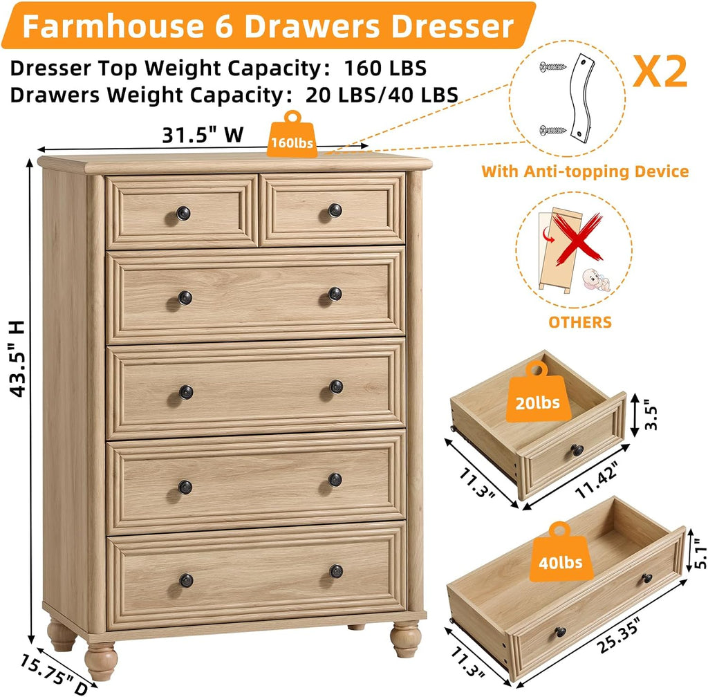 RWYHG Farmhouse 6 Drawer Dresser, 15.75'D x 31.5'W x 43.5'H Chest of Drawers for Bedroom, Natural Tall Dresser with 4 Solid Wood Feet, Wood Storage Dressers Organizer for Living Room Hallway Closet