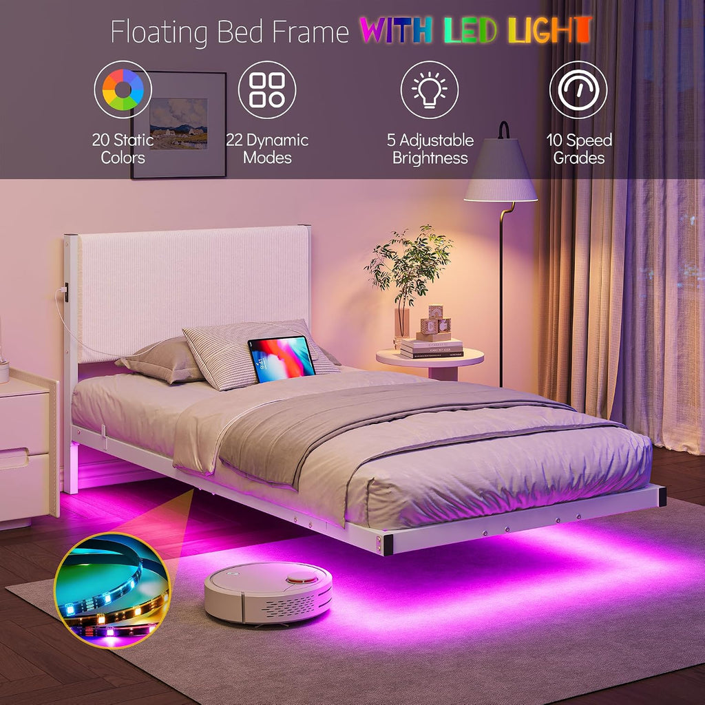 Twin Floating Bed Frame with Headboard,Twin Size Floating Bed Frame with LED Lights & USB Charging Station,Metal Platform Bed with Strong Slats Support,No Box Spring Needed,Easy Assembly,White