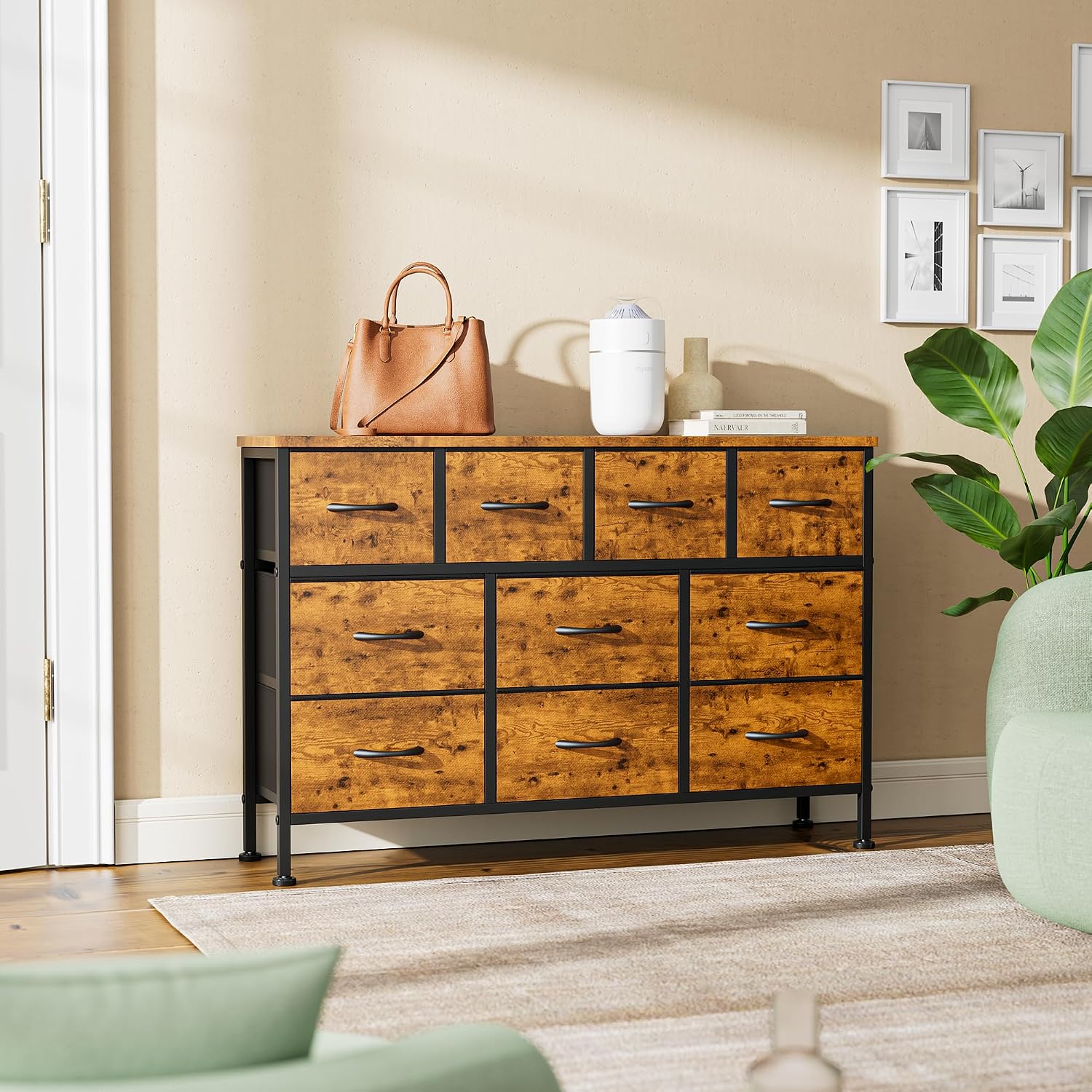 Lulive 10 Drawer Dresser for Bedroom, Dressers TV Stand with Power Outlet, Entertainment Center Bedroom Dresser, Chest of Drawers for 55'' Long TV, Wide Fabric Dresser for Storage and Organization