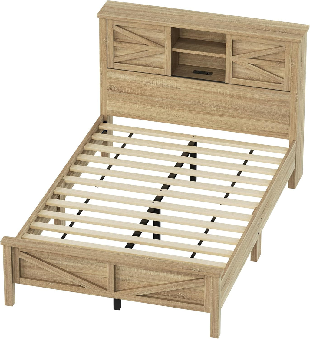 3 s Bedroom Sets Full Size Platform Bed with Double Sliding Door Storage Headboard and Charging Station, Storage Nightstand and Dresser, Natural