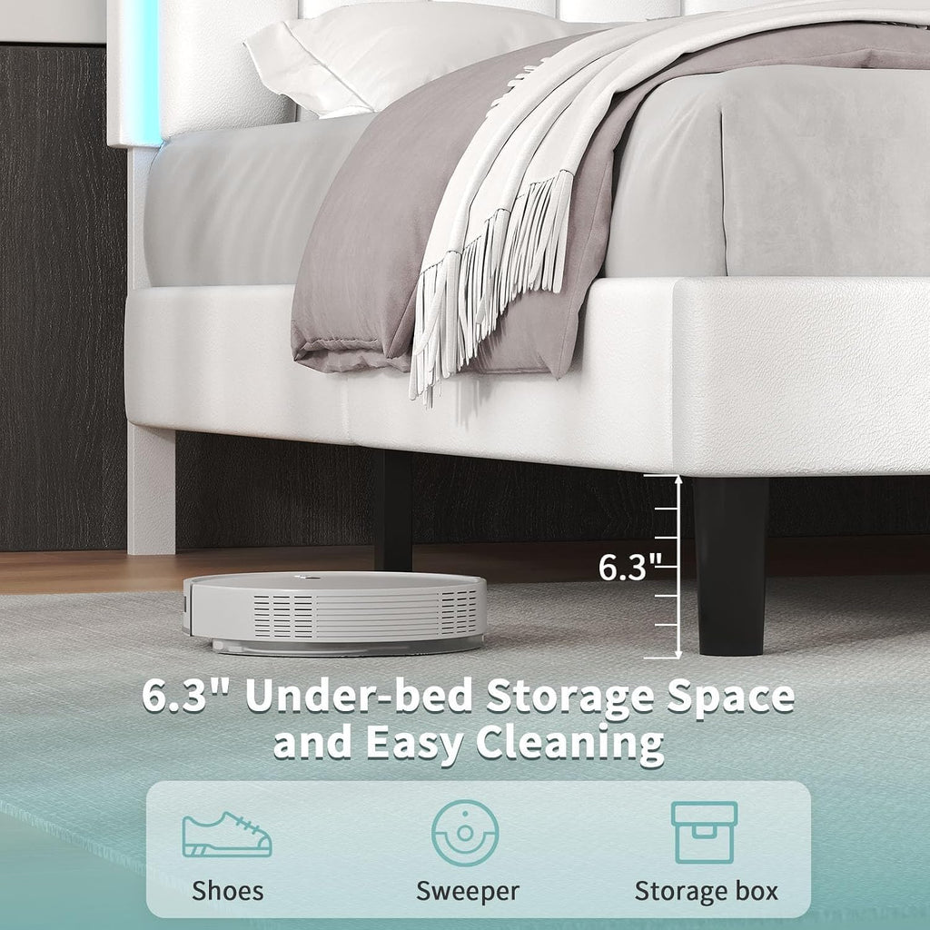 IMMERSTABLE Queen Bed Frame with RGB LED Lights, Upholstered Platform Bed Frame with Headboard, Wood Slat Support, No Box Spring Needed, Quiet Design, Easy Assembly, White