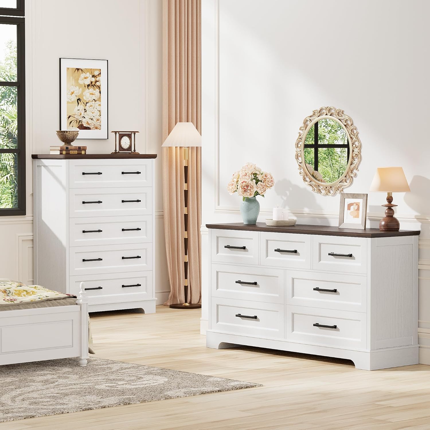 Furmax Farmhouse Dresser for Bedroom, 5 Drawers Dresser, Wood Chest of Drawers, 31.5' Wide Storage Dressers Organizer for Bedroom, Living Room (White and Brown)