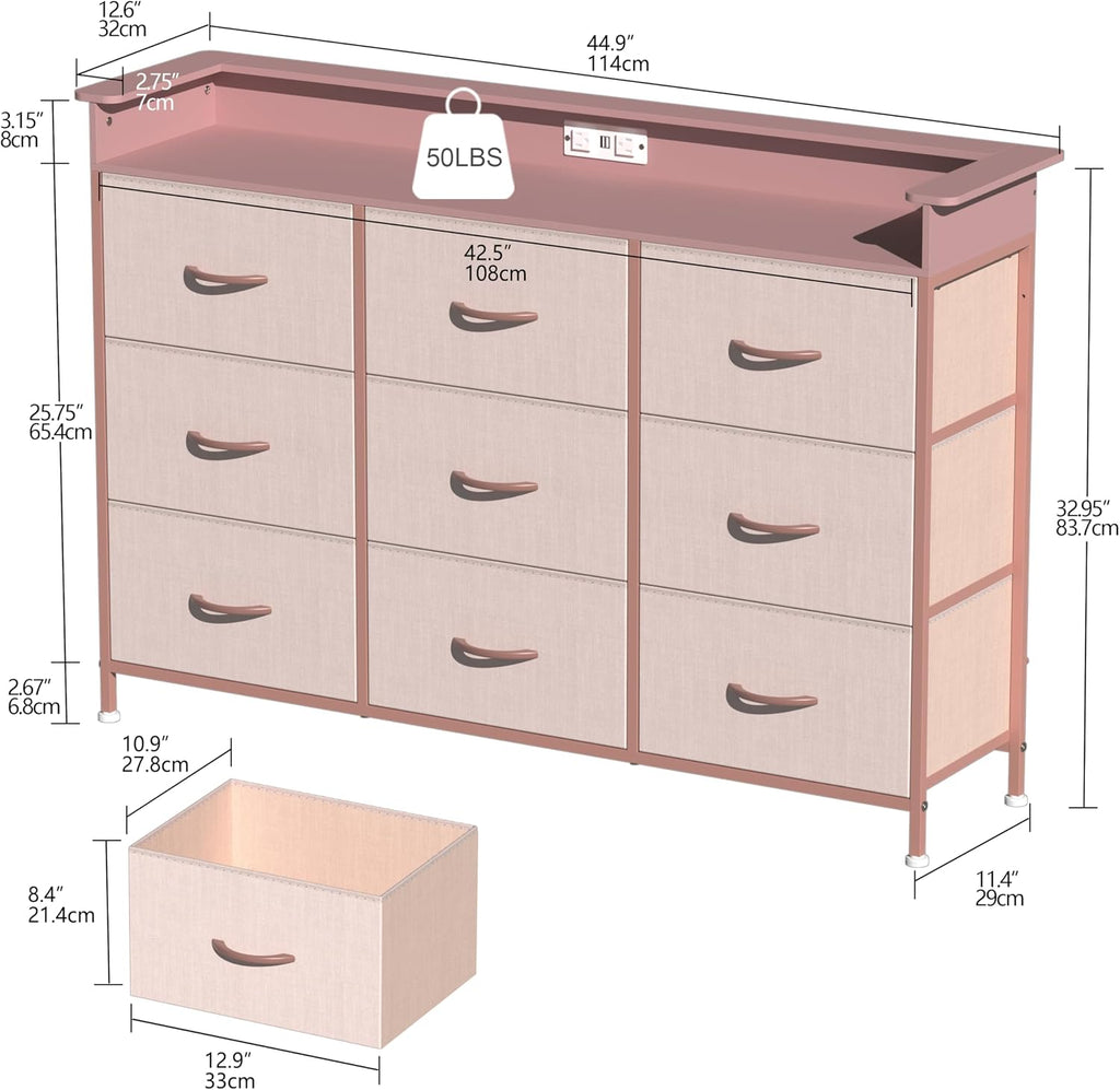 EXOTICA Pink Dresser with LED Light for Girls Bedroom 9 Drawer Dressers with Charging Station Chests of Drawers for Living Room Entryway Closet Hallway Sturdy Steel Frame Wooden Top Easy Pull Handle