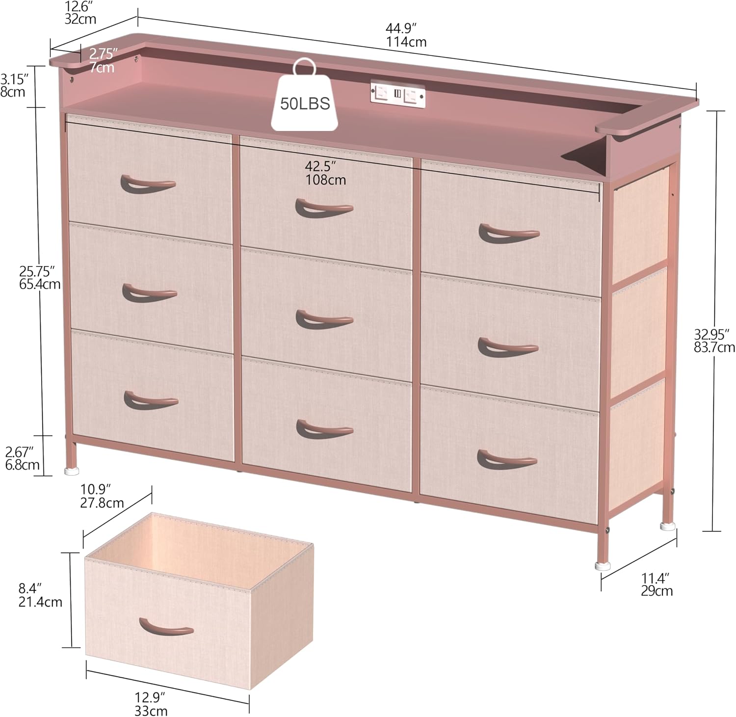 EXOTICA Pink Dresser with LED Light for Girls Bedroom 9 Drawer Dressers with Charging Station Chests of Drawers for Living Room Entryway Closet Hallway Sturdy Steel Frame Wooden Top Easy Pull Handle