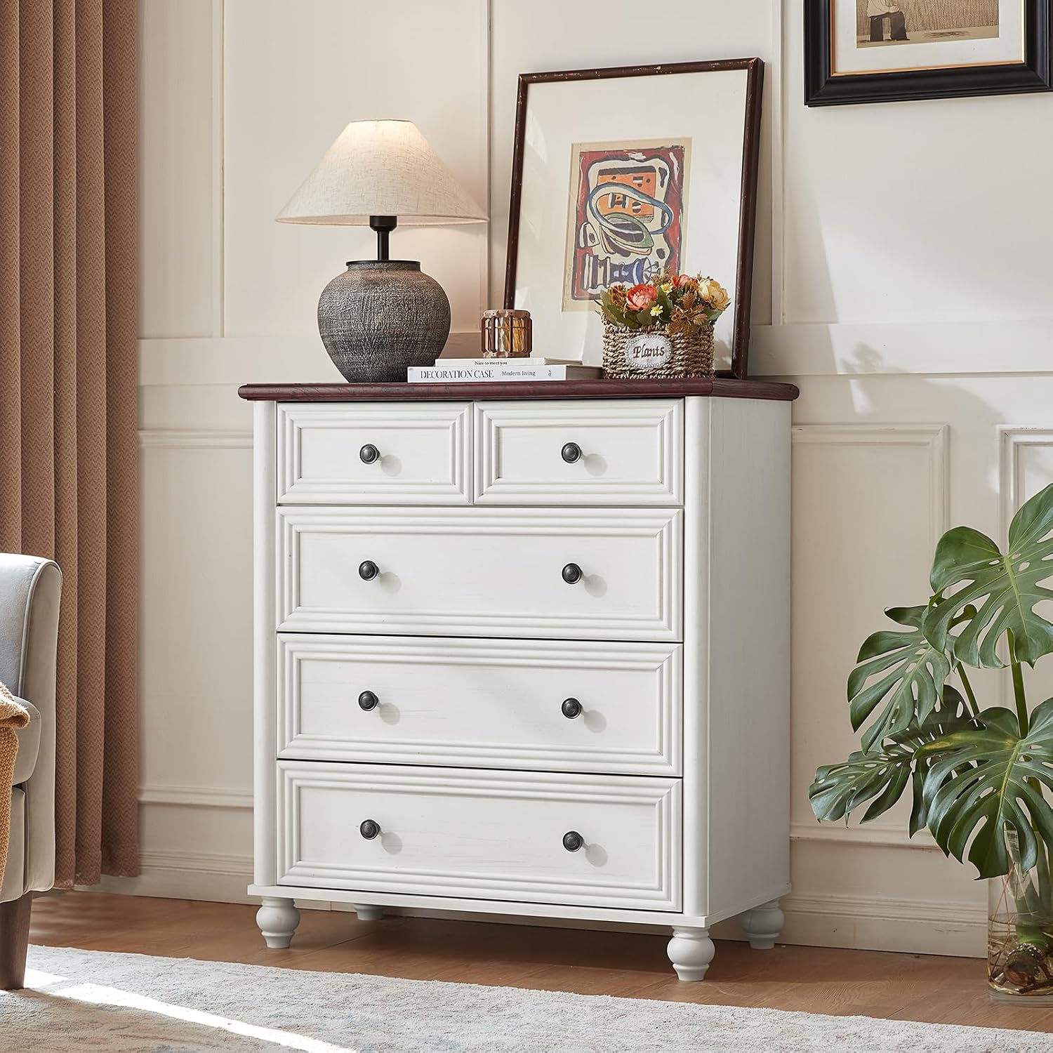 RWYHG Farmhouse 5 Drawer Dresser for Bedroom, 35.5' Tall Small Dressers & Chest of Drawers, Rustic Wood Dresser with Roman Column, Storage Organizer for Living Room, Hallway, Closet (White)