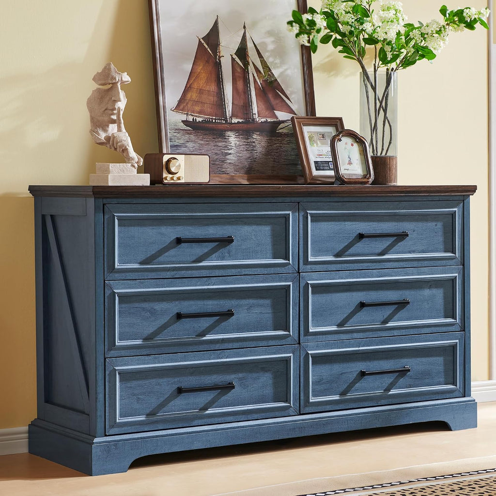 JXQTLINGMU Farmhouse 6 Drawers Dresser for Bedroom, 52'' Wide Large Wood Dressers with Bar Handles, Chests of Drawers with Storage Dressers Organizer for Bedroom, Hallway, Blue