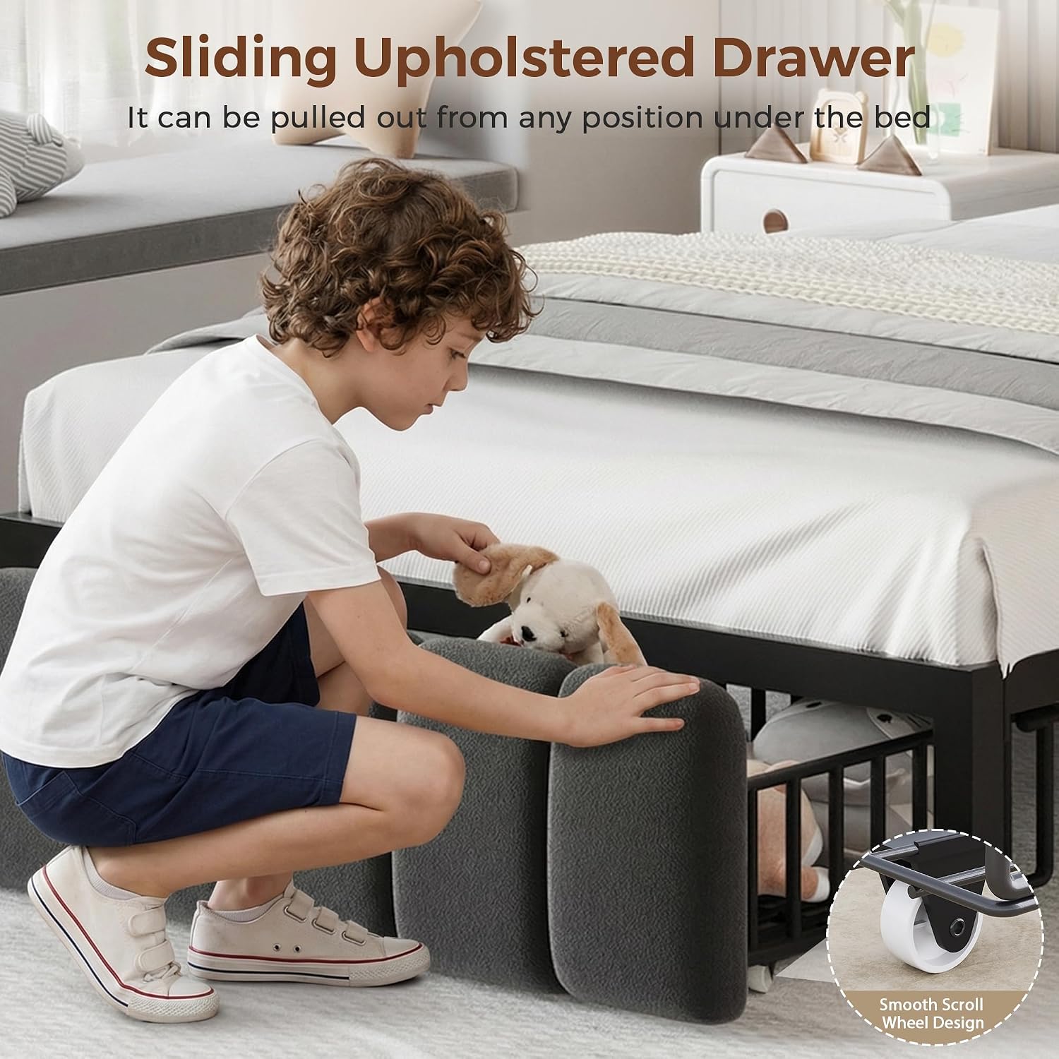Twin Bed Frames with Storage Headboard for Kids/Boys, Upholstered Black Bed Frame Twin Size with Storage Drawers and Charging Station,Velvet Platform Metal Bed, Noise-Free, No Box Spring Needed