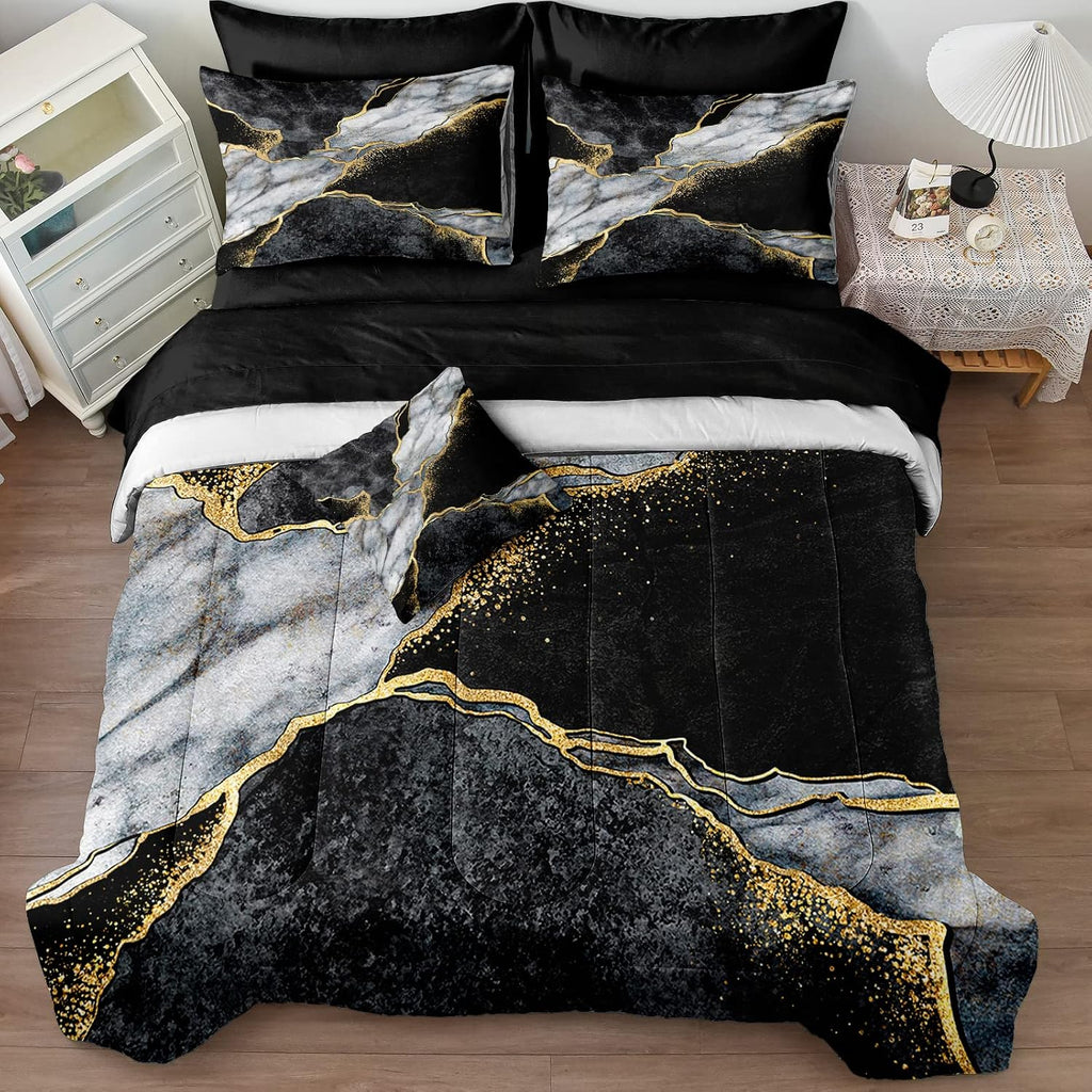 Merryword Black Marble Comforter Set California King 8 Pieces Bed in a Bag Gold Metallic Marble Design Bedding with 1 Comforter, 4 Pillowcase, 1 Flat Sheet, 1 Fitted Sheet, 1 Cushion Cover