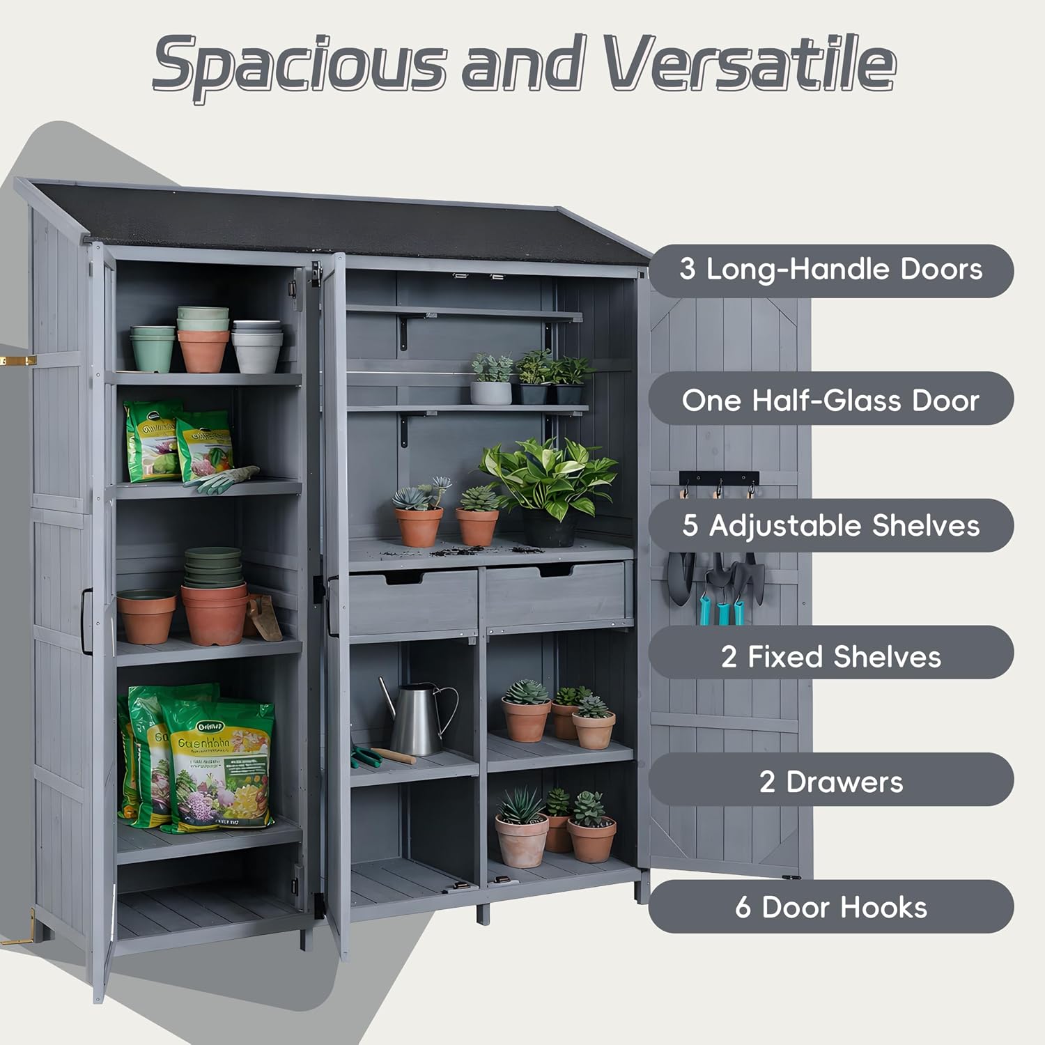 Merax Potting Bench with Hutch,71.6' H Solid Fir Wood Garden Workstation, 7 Storage Shelves, 2 Drawers and 6 Hooks for Backyard, Gray