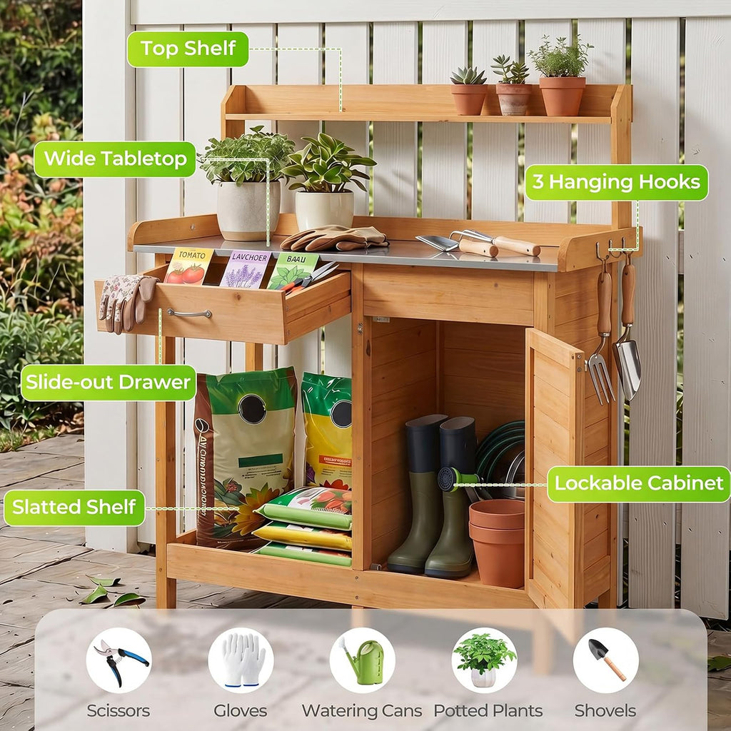 S AFSTAR Outdoor Potting Bench Table, Wooden Garden Work Station with Drawer, Storage Cabinet, Open Shelf, Side Hooks, Metal Tabletop Gardening Workbench, Potting Benches for Outside Backyard Balcony