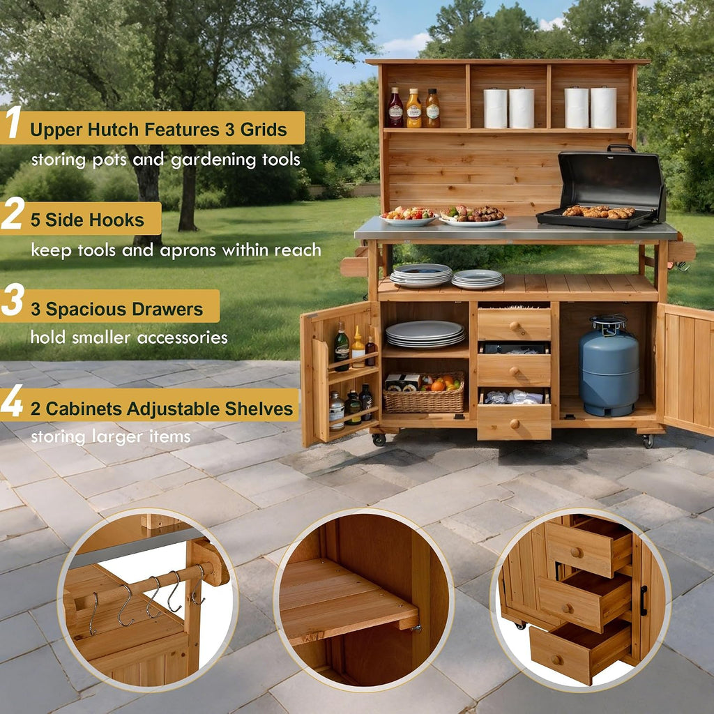 Potting Benches for Outside with Stainless Steel Top, 65''H Fir Wood Potting Bench with Storage, Outdoor Gardening Table (Natural)