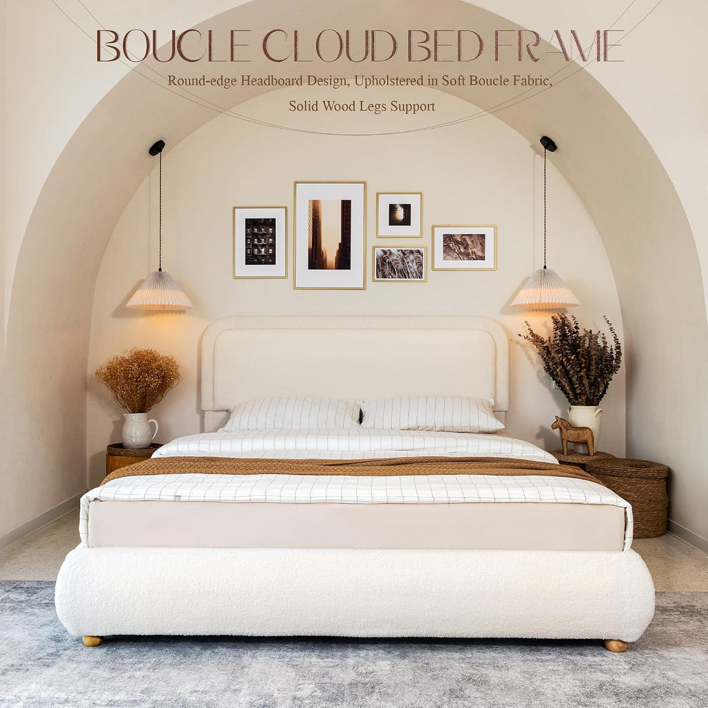Yechen Boucle Cloud Full Bed Frame with Round Corner Headboard, Upholstered Soft Trendy Bedframe with Solid Wood Legs, Boho Cute Bed with Wooden Slats, Easy Assembly, No Box Spring Required, Beige