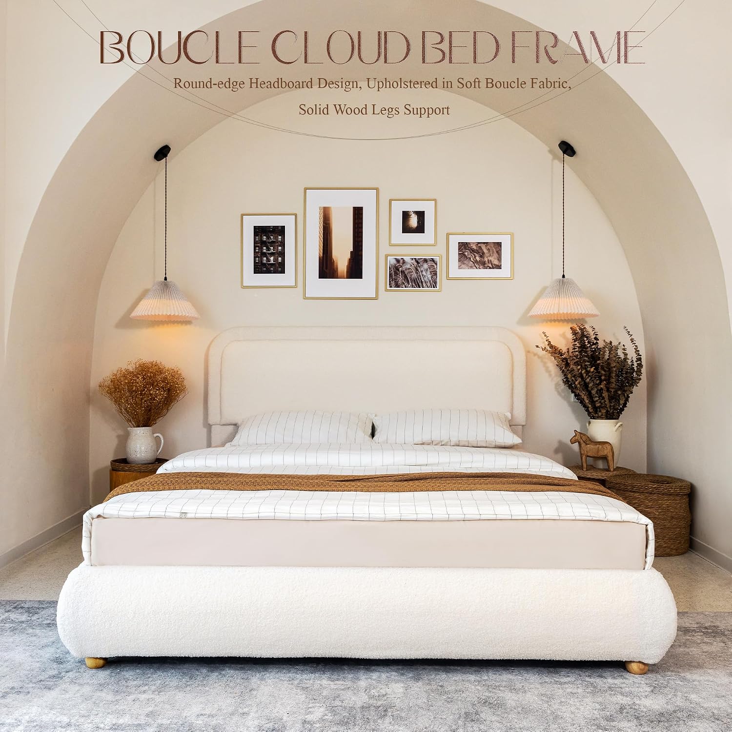 Yechen Boucle Cloud Full Bed Frame with Round Corner Headboard, Upholstered Soft Trendy Bedframe with Solid Wood Legs, Boho Cute Bed with Wooden Slats, Easy Assembly, No Box Spring Required, Beige