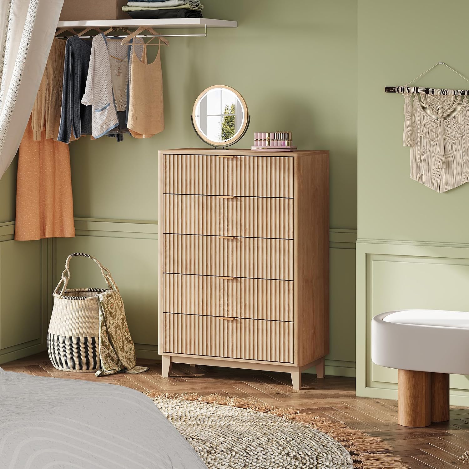 WLIVE Fluted Dresser for Bedroom with 5 Drawers, 46.26' Tall Wooden Dresser with Golden Metal Handles, Mid Century Modern Chest of Drawers for Living Room, Hallway, Closet, Natural Oak