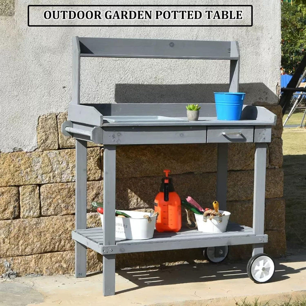 Plant Shelf, Plant Stand Indoor Outdoor, Elevated Flowerpot Box with Wheels, Outdoor Potted Plant Workbench, Drawer/Adjustable Shelf/Detachable Sink