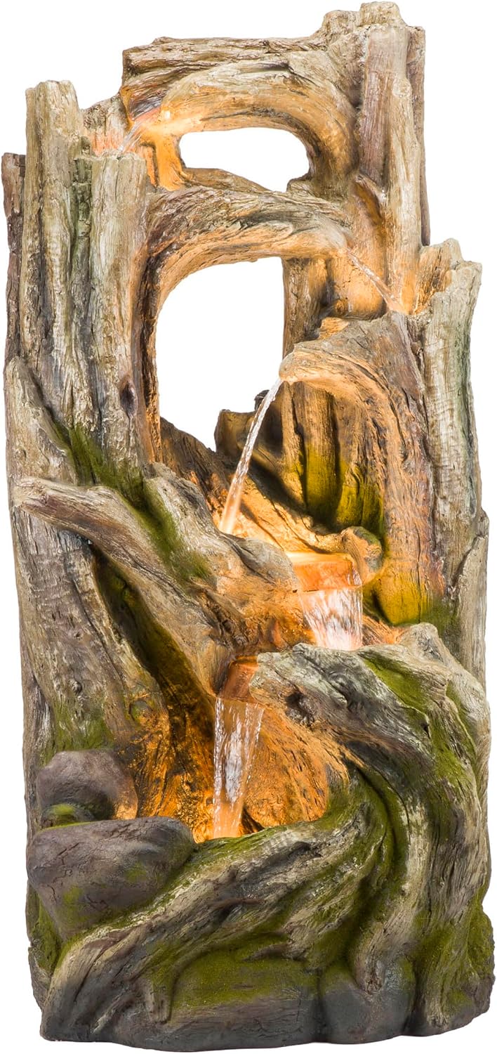 Alpine Corporation WIN1520 59' Indoor/Outdoor Floor 5-Tiered Tree Bark Water Fountain, Cascading Mossy Wood Waterfall Feature for Garden, Patio, and Yard, Brown