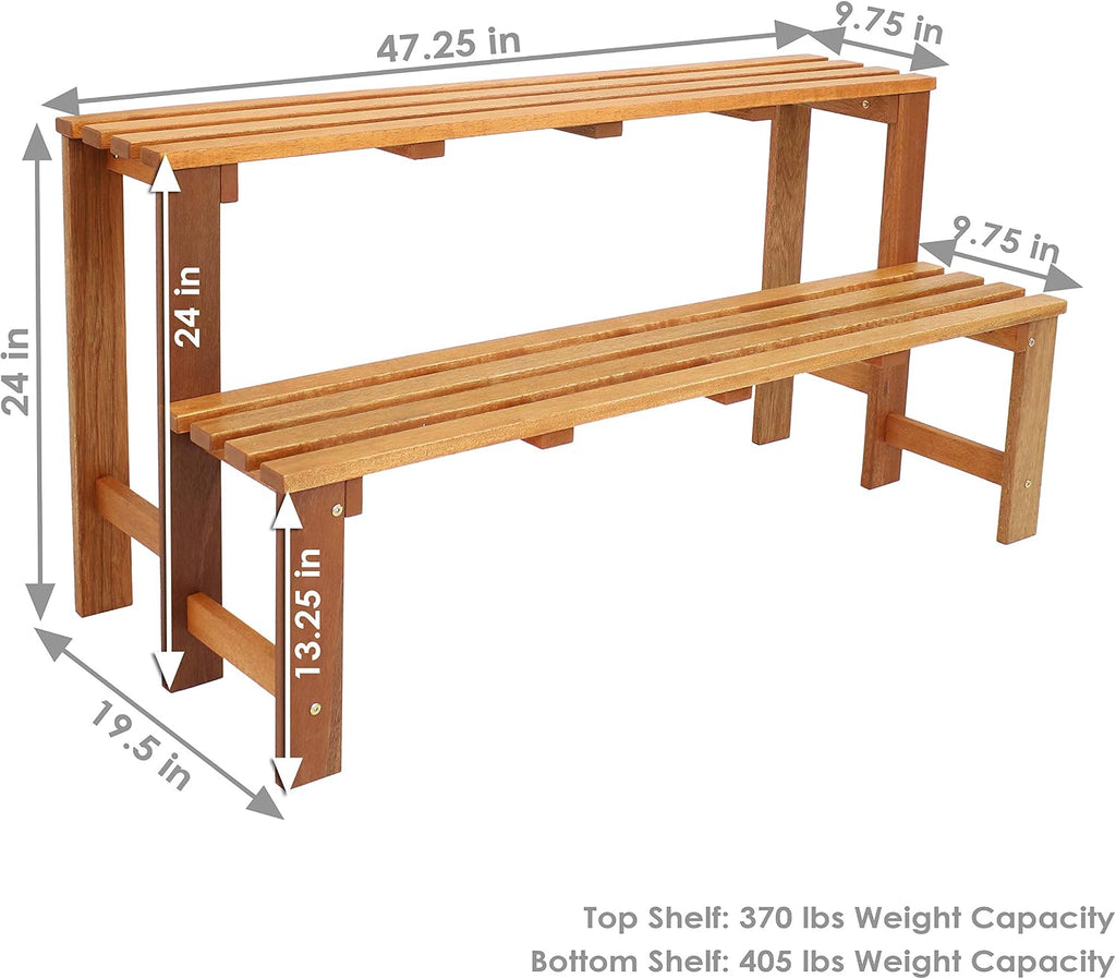 Sunnydaze 2-Tier Meranti Wood Plant Stand for Indoor and Outdoor Use - Garden Shelf with Teak Oil Finish for Patio, Porch, Balcony, and Living Room - Heavy Duty 100 lb Per Level Capacity - 47 in