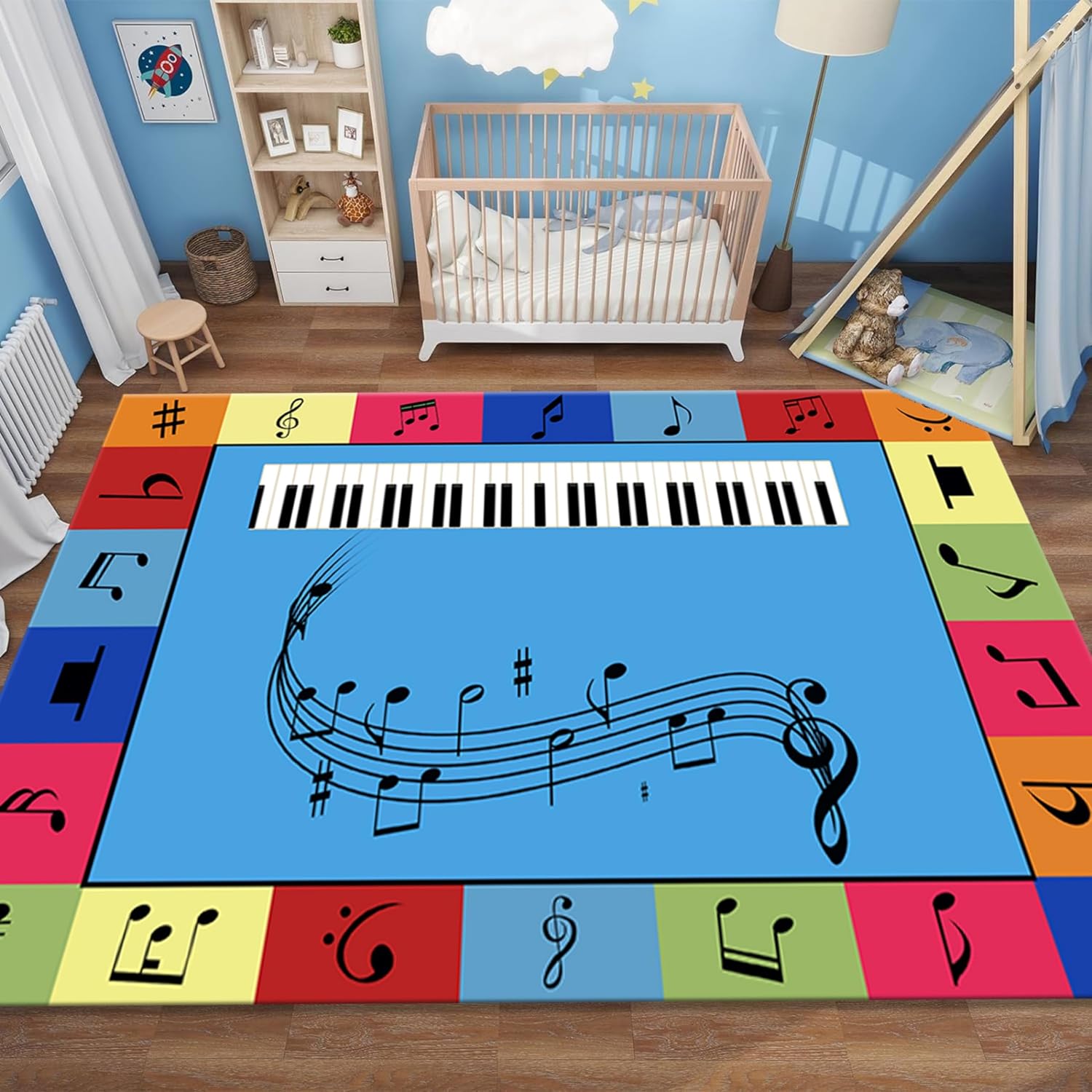 Kid Music Area Rug,6x8ft,Color Musical Notation Children's Games Rug,Classroom Piano Key Decoration Carpet,Machine Washable Breathable Durable Carpet for Living Room Kitchen Entrance