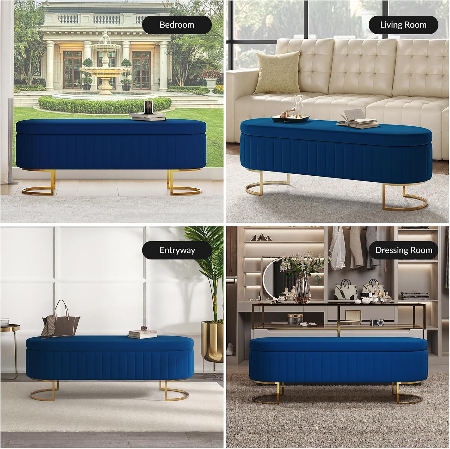 EcoHarbor Living 55.5' Storage Bench Ottoman End of Bed Bench Bedroom Bench, Upholstered Velvet Long Window Bench Large King Size with Gold Legs, Flipping Lid Entryway Footrest