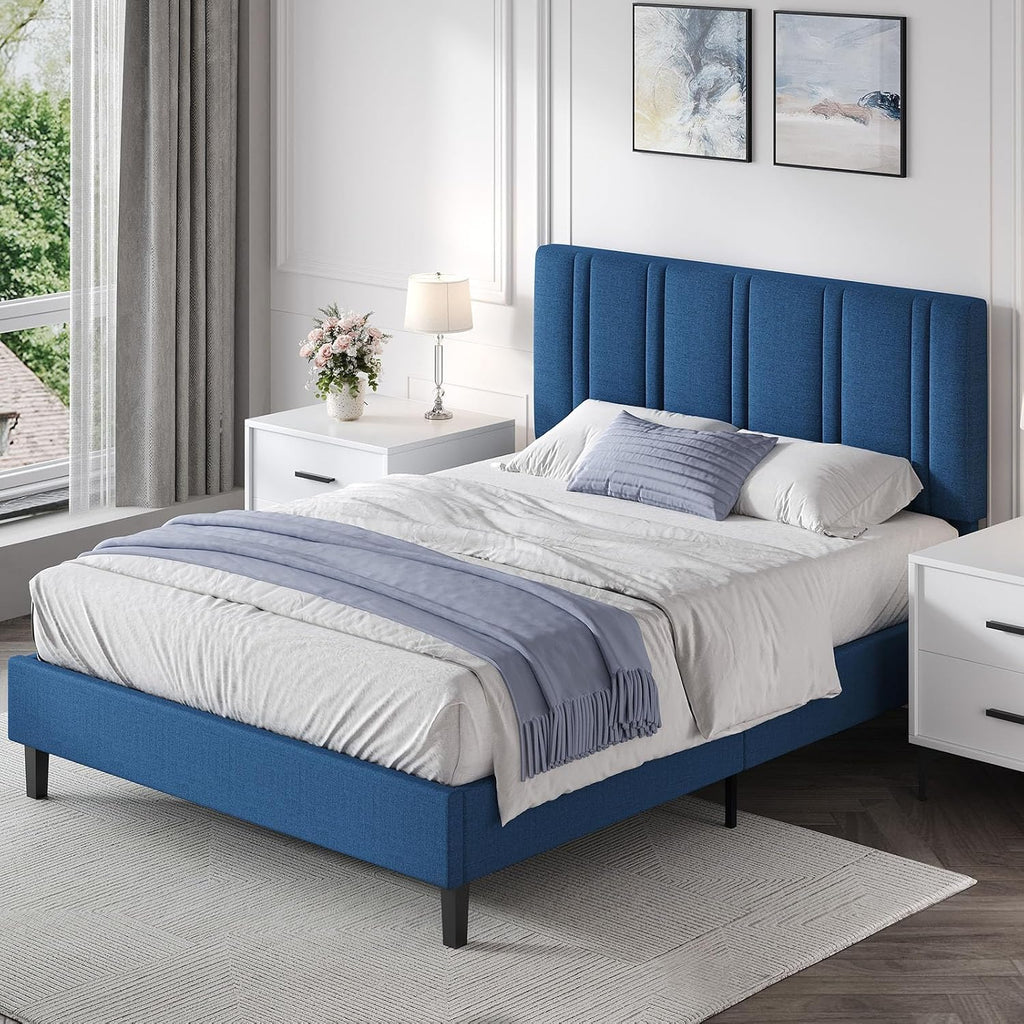 MaverickFurni Full Size Bed Frame with Headboard, Linen Fabric Upholstered Platform Bed Frame with Wooden Slats, Modern Style, No Box Spring Needed, Easy Assembly, Blue