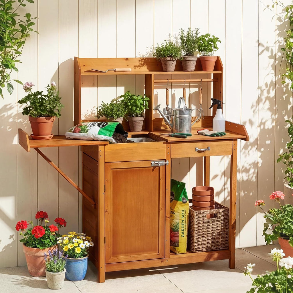 OOOK Potting Bench, Nordic Scots Pine Potting Table with Sliding Tabletop, Removable Sink, Garden Bench, Workstation for Outside Patio Lawn, Wooden Garden Work Station
