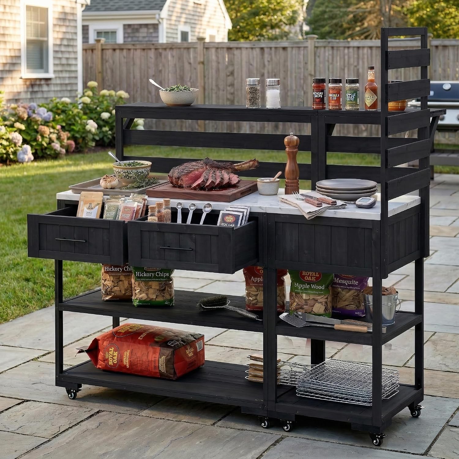 Merax 62.3' W Outdoor Kitchen Island with Stainless Steel Top, Rolling Grill Cart with Lockable Wheels, Garden Potting Bench with Raised Shelf and Drawers, Grill Prep Table for BBQ, Party, Black
