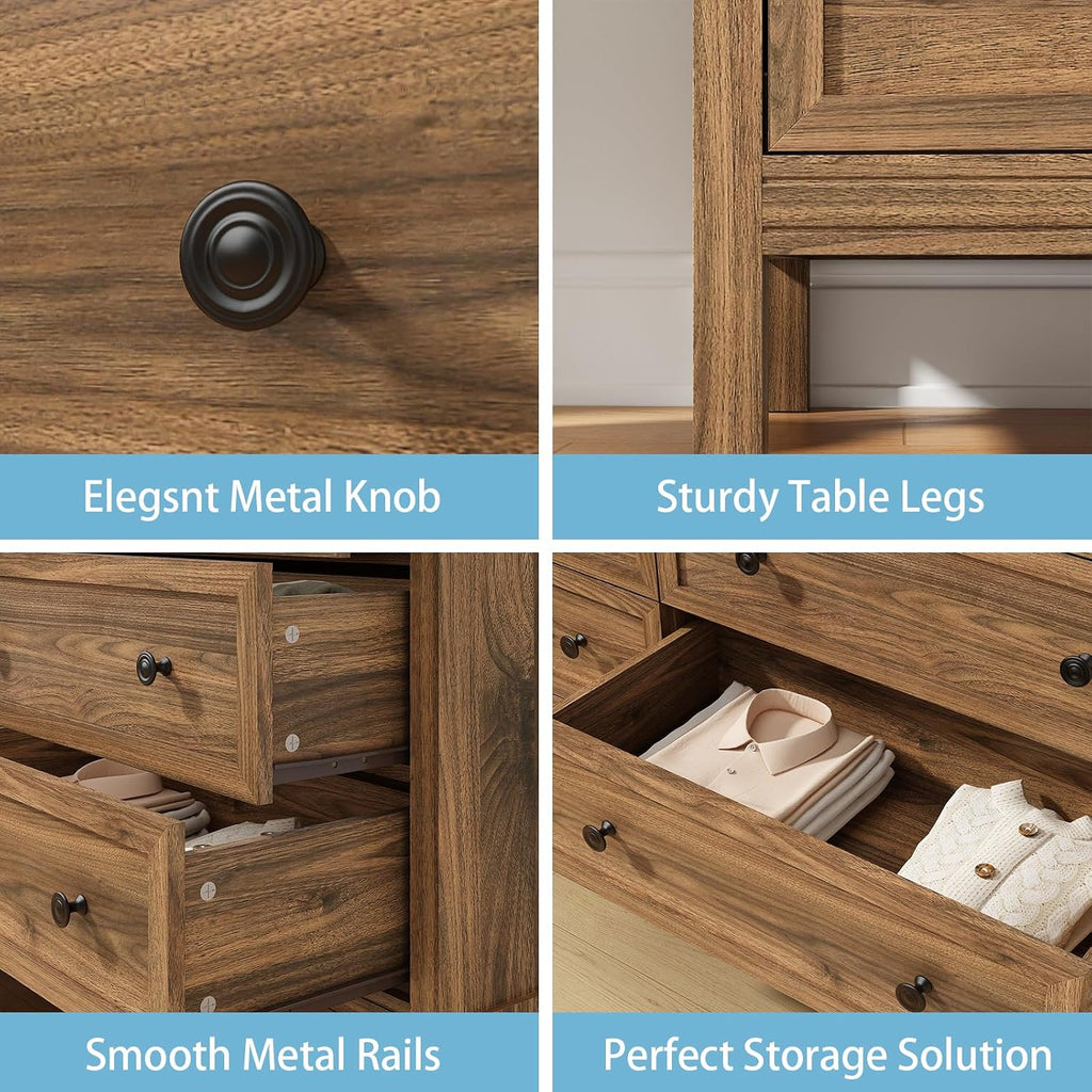 CARPETNAL 55' Walnut Dresser for Bedroom, 6 Drawer Dresser with Wide Drawer and Metal Handles, Wood Dressers & Chests of Drawers for Hallway, Entryway.